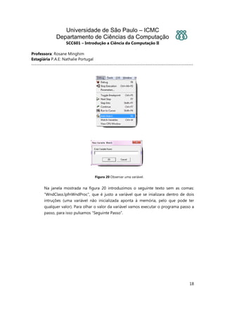 Universidade de São Paulo – ICMC
Departamento de Ciências da Computação
SCC601 – Introdução a Ciência da Computação II
Professora: Rosane Minghim
Estagiária P.A.E: Nathalie Portugal
---------------------------------------------------------------------------------------------------
18
Figura 20 Observar uma variável.
Na janela mostrada na figura 20 introduzimos o seguinte texto sem as comas:
“WndClass.lpfnWndProc”, que é justo a variável que se inializara dentro de dois
intruções (uma variável não inicializada aponta à memória, pelo que pode ter
qualquer valor). Para olhar o valor da variável vamos executar o programa passo a
passo, para isso pulsamos “Seguinte Passo”.
 