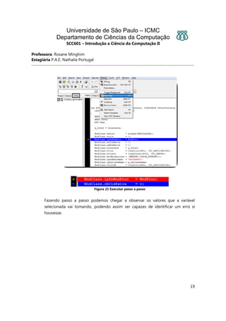 Universidade de São Paulo – ICMC
Departamento de Ciências da Computação
SCC601 – Introdução a Ciência da Computação II
Professora: Rosane Minghim
Estagiária P.A.E: Nathalie Portugal
---------------------------------------------------------------------------------------------------
19
Figura 21 Executar passo a passo
Fazendo passo a passo podemos chegar a observar os valores que a variável
selecionada vai tomando, podendo assim ser capazes de identificar um erro si
houvesse.
 
