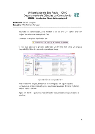 Universidade de São Paulo – ICMC
Departamento de Ciências da Computação
SCC601 – Introdução a Ciência da Computação II
Professora: Rosane Minghim
Estagiária P.A.E: Nathalie Portugal
---------------------------------------------------------------------------------------------------
8
instalados no computador), para mostrar o uso do Dev-C++ vamos criar um
projeto semelhante ao exemplo de Dev.
Usaremos os arquivos localizados em:
Si você que observar o projeto, pode fazer um Double click sobro um arquivo
chamado FileEditor.dev, como é mostrado na figura:
Figura 5 Diretório de Exemplos Dev-C++
Para nosso novo projeto, temos que criar uma pasta em algum lugar da
computadora, ali devemos colocar os seguintes arquivos do diretório FileEditor,
main.h, main.c, menu.rc.
Agora em Dev-C++ pulsamos “Novo Projeto” e deveria sair uma janela como a
seguinte:
 
