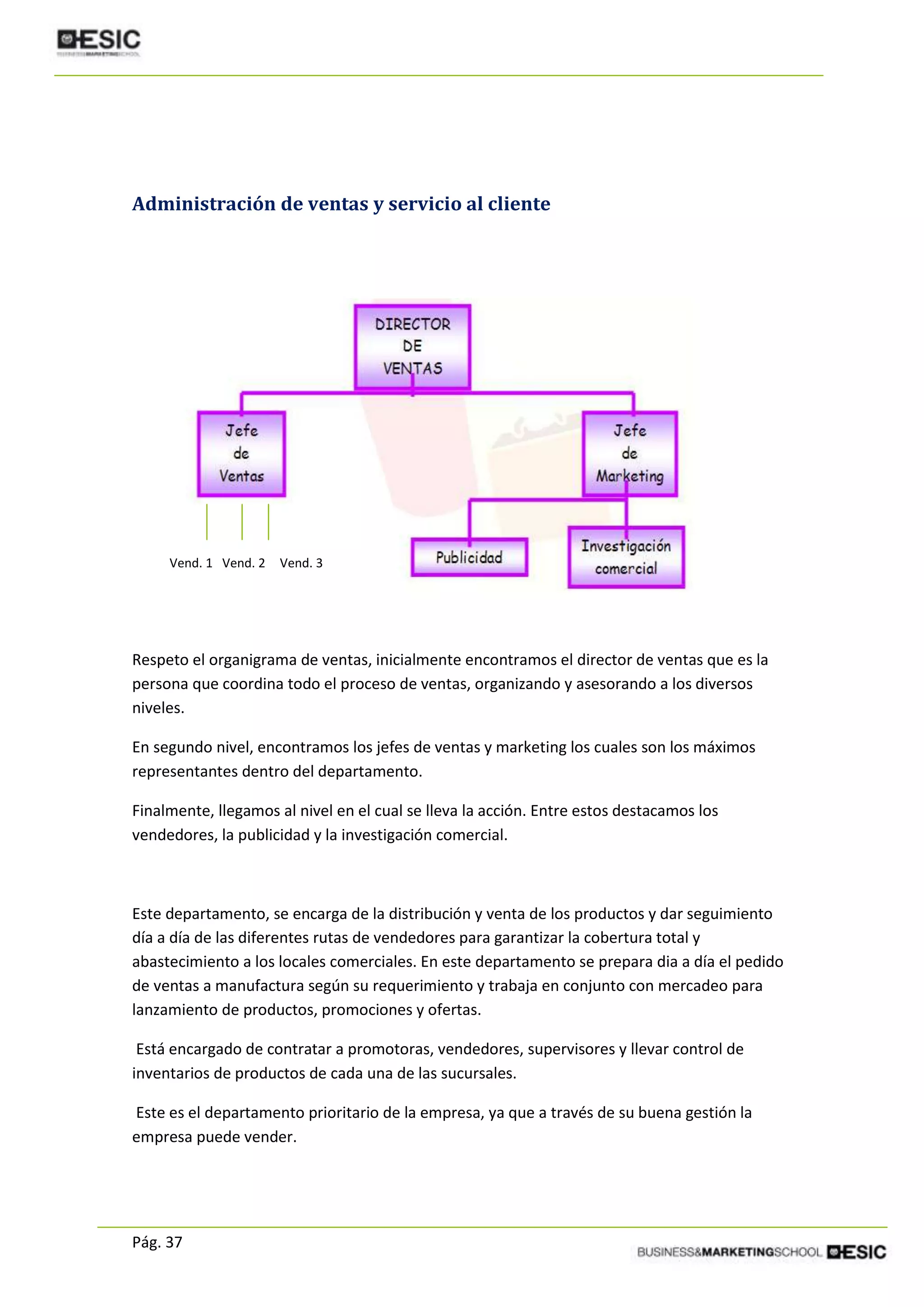 Pág. 37
Administración de ventas y servicio al cliente
Respeto el organigrama de ventas, inicialmente encontramos el director de ventas que es la
persona que coordina todo el proceso de ventas, organizando y asesorando a los diversos
niveles.
En segundo nivel, encontramos los jefes de ventas y marketing los cuales son los máximos
representantes dentro del departamento.
Finalmente, llegamos al nivel en el cual se lleva la acción. Entre estos destacamos los
vendedores, la publicidad y la investigación comercial.
Este departamento, se encarga de la distribución y venta de los productos y dar seguimiento
día a día de las diferentes rutas de vendedores para garantizar la cobertura total y
abastecimiento a los locales comerciales. En este departamento se prepara dia a día el pedido
de ventas a manufactura según su requerimiento y trabaja en conjunto con mercadeo para
lanzamiento de productos, promociones y ofertas.
Está encargado de contratar a promotoras, vendedores, supervisores y llevar control de
inventarios de productos de cada una de las sucursales.
Este es el departamento prioritario de la empresa, ya que a través de su buena gestión la
empresa puede vender.
Vend. 1 Vend. 2 Vend. 3
 