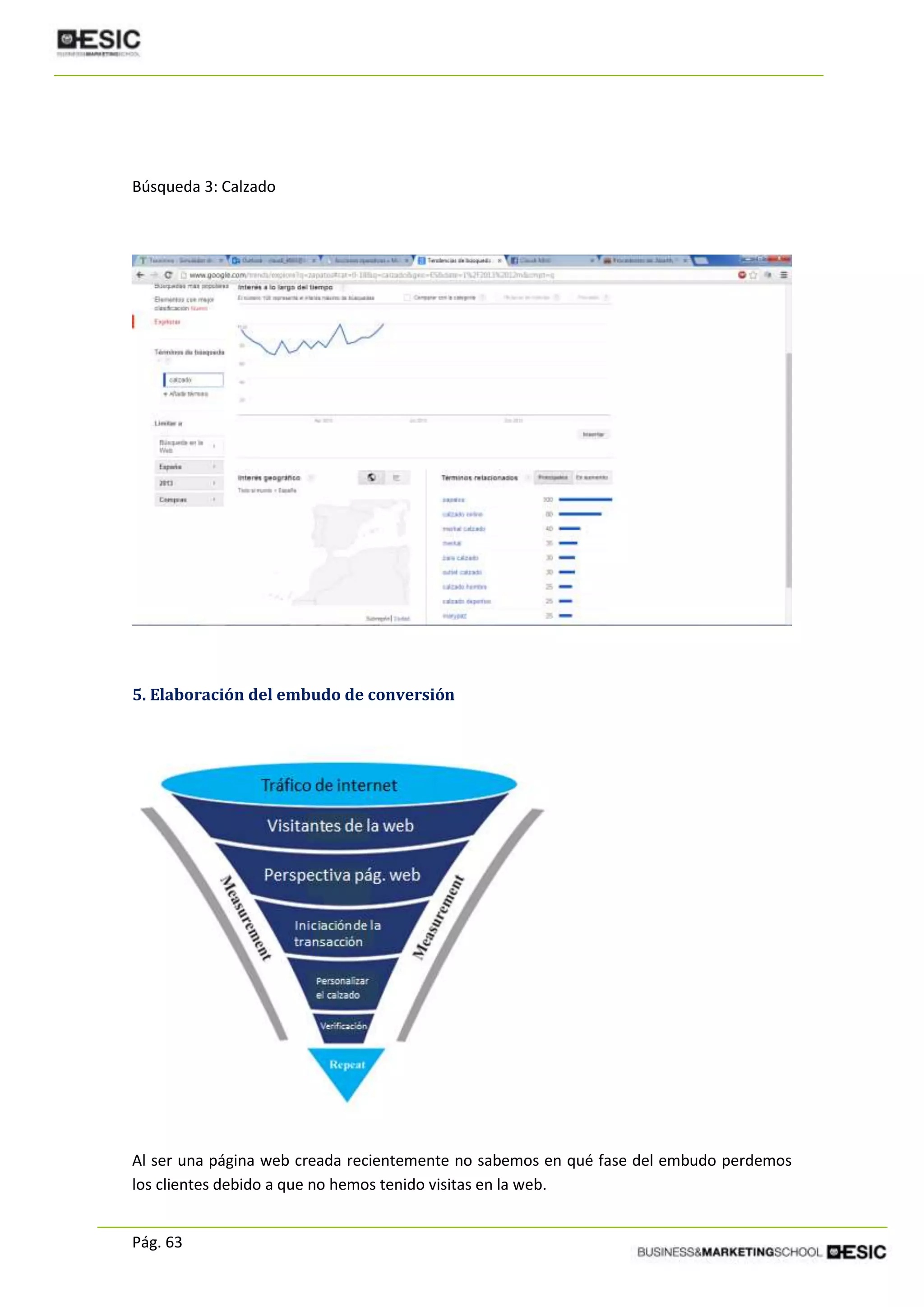 Pág. 63
Búsqueda 3: Calzado
5. Elaboración del embudo de conversión
Al ser una página web creada recientemente no sabemos en qué fase del embudo perdemos
los clientes debido a que no hemos tenido visitas en la web.
 
