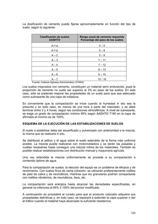 La dosificación de cemento puede fijarse aproximadamente en función del tipo de
suelo, según lo siguiente:
Clasificación de suelos
AASHTO

Rango usual de cemento requerido
Porcentaje del peso de los suelos

A-1-a

3–5

A-1-b

5–8

A–2

5–9

A–3

7 – 11

A–4

7 – 12

A–5

8 – 13

A–6

9 – 15

A–7

10 - 16

Fuente: Federal Highway Administration (FHWA)

Los suelos mejorados con cemento, constituyen un material semi endurecido, pues la
proporción de cemento no suele ser superior al 3% en peso de los suelos. En este
caso, sólo se pretende mejorar las propiedades de un suelo para que sea adecuado
como subrasante de una capa de rodadura.
Es conveniente que la compactación se inicie cuando la humedad in situ sea la
prescrita y en todo caso, en menos de una hora a partir del mezclado, y se debe
terminar entre 2 y 4 horas, según las condiciones atmosféricas. A nivel de subrasante,
se exige un grado de compactación mínimo 95% según AASHTO T180 en la capa de
afirmado el mínimo es de 100%.
ESQUEMA DE LA EJECUCIÓN DE LAS ESTABILIZACIONES DE SUELOS
El suelo a estabilizar debe ser escarificado y pulverizado con anterioridad a la mezcla,
la misma que se realizará in situ.
Se distribuirá el aditivo y el agua sobre el suelo extendido de la forma más uniforme
posible. La mezcla puede realizarse con motoniveladora y se darán las pasadas y
vueltas necesarias hasta conseguir una mezcla intima de los materiales. También es
posible realizar estabilizaciones con distribución manual y maquinaria agrícola.
Una vez extendida la mezcla uniformemente se procede a su compactación a
contenido óptimo de agua.
Para la compactación de suelos, la elección del equipo es un problema de eficacia y de
rendimiento. Con suelos finos de cierta cohesión, se utilizarán preferentemente rodillos
de pata de cabra y de neumáticos, mientras que los granulares podrían compactarse
con rodillos vibratorios, de neumáticos, lisos, etc.
La compactación será enérgica hasta alcanzar las densidades especificadas, en
general no inferiores al 95% ó 100% del proctor modificado.
A continuación se procederá al curado para que el producto colocado adquiera sus
propiedades definitivas y, en todo caso, se esperará a extender la capa superior o dar
el tráfico cuando el material haya alcanzado la suficiente resistencia.

123

 