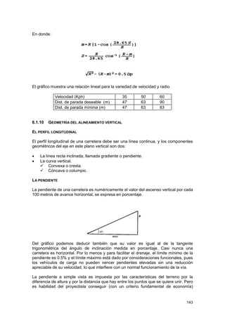En donde:

El gráfico muestra una relación lineal para la variedad de velocidad y radio.
Velocidad (Kph)
Dist. de parada deseable (m)
Dist. de parada mínima (m)
6.1.10

35
47
47

50
63
63

60
90
83

GEOMETRÍA DEL ALINEAMIENTO VERTICAL

EL PERFIL LONGITUDINAL
El perfil longitudinal de una carretera debe ser una línea continua, y los componentes
geométricos del eje en este plano vertical son dos:
•
•

La línea recta inclinada, llamada gradiente o pendiente.
La curva vertical.
Convexa o cresta.
Cóncava o columpio.

LA PENDIENTE
La pendiente de una carretera es numéricamente el valor del ascenso vertical por cada
100 metros de avance horizontal, se expresa en porcentaje.

Del gráfico podemos deducir también que su valor es igual al de la tangente
trigonométrica del ángulo de inclinación medida en porcentaje. Casi nunca una
carretera es horizontal. Por lo menos y para facilitar el drenaje, el límite mínimo de la
pendiente es 0.5% y el límite máximo está dado por consideraciones funcionales, pues
los vehículos de carga no pueden vencer pendientes elevadas sin una reducción
apreciable de su velocidad, lo que interfiere con un normal funcionamiento de la vía.
La pendiente a simple vista es impuesta por las características del terreno por la
diferencia de altura y por la distancia que hay entre los puntos que se quiere unir. Pero
es habilidad del proyectista conseguir (con un criterio fundamental de economía)

143

 