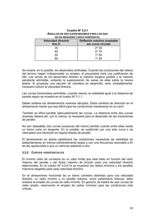 Cuadro Nº 3.2.1
ÁNGULOS DE DEFLEXIÓN MÁXIMOS PARA LOS QUE
NO SE REQUIERE CURVA HORIZONTAL

Velocidad directriz
Km./h
30
40
50
60

Deflexión máxima aceptable
sin curva circular
2º 30’
2º 15’
1º 50’
1º 30’

Se evitará, en lo posible, los desarrollos artificiales. Cuando las condiciones del relieve
del terreno hagan indispensable su empleo, el proyectista hará una justificación de
ello. Las ramas de los desarrollos tendrán la máxima longitud posible y la máxima
pendiente admisible, evitando la superposición de varias de ellas sobre la misma
ladera. Al proyectar una sección de carretera en desarrollo, será, probablemente,
necesario reducir la velocidad directriz.
Las curvas horizontales permitirán, cuando menos, la visibilidad igual a la distancia de
parada según se muestra en el cuadro Nº 3.1.1.
Deben evitarse los alineamientos reversos abruptos. Estos cambios de dirección en el
alineamiento hacen que sea difícil para los conductores mantenerse en su carril.
También es difícil peraltar adecuadamente las curvas. La distancia entre dos curvas
reversas deberá ser, por lo menos, la necesaria para el desarrollo de las transiciones
de peralte.
No son deseables dos curvas sucesivas del mismo sentido cuando entre ellas existe
un tramo corto en tangente. En lo posible, se sustituirán por una sola curva o se
intercalará una transición en espiral dotada de peralte.
El alineamiento en planta satisfacerá las condiciones necesarias de visibilidad de
adelantamiento en tramos suficientemente largos y con una frecuencia razonable a fin
de dar oportunidad a que un vehículo adelante a otro.
3.2.2 CURVAS HORIZONTALES
El mínimo radio de curvatura es un valor límite que está dado en función del valor
máximo del peralte y del factor máximo de fricción para una velocidad directriz
determinada. En el cuadro Nº 3.2.6.1b se muestran los radios mínimos y los peraltes
máximos elegibles para cada velocidad directriz.
En el alineamiento horizontal de un tramo carretero diseñado para una velocidad
directriz, un radio mínimo y un peralte máximo, como parámetros básicos, debe
evitarse el empleo de curvas de radio mínimo. En general, se tratará de usar curvas de
radio amplio, reservando el empleo de radios mínimos para las condiciones más
críticas.

20

 