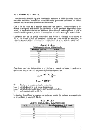 3.2.3 CURVAS DE TRANSICIÓN
Todo vehículo automotor sigue un recorrido de transición al entrar o salir de una curva
horizontal. El cambio de dirección y la consecuente ganancia o pérdida de las fuerzas
laterales no pueden tener efecto instantáneamente.
Con el fin de pasar de la sección transversal con bombeo, correspondiente a los
tramos en tangente a la sección de los tramos en curva provistos de peralte y sobre
ancho, es necesario intercalar un elemento de diseño con una longitud en la que se
realice el cambio gradual, a la que se conoce con el nombre de longitud de transición.
Cuando el radio de las curvas horizontales sea inferior al señalado en el cuadro Nº
3.2.3a, se usarán curvas de transición. Cuando se usen curvas de transición, se
recomienda el empleo de espirales que se aproximen a la curva de Euler o Clotoide.
CUADRO Nº 3.2.3a
NECESIDAD DE CURVAS DE TRANSICIÓN
Velocidad directriz
Km./h

Radio
m

20
30
40
50
60

24
55
95
150
210

Cuando se use curva de transición, la longitud de la curva de transición no será menor
que Lmin ni mayor que Lmáx, según las siguientes expresiones:

L min. =

0.0178

V3
R

L máx. = (24R)0.5
R
=
L min. =
L máx. =
V
=

Radio de la curvatura circular horizontal.
Longitud mínima de la curva de transición.
Longitud máxima de la curva de transición en metros.
Velocidad directriz en Km/h.

La longitud deseable de la curva de transición, en función del radio de la curva circular,
se presenta en el cuadro Nº 3.2.3b.
Cuadro Nº 3.2.3b
LONGITUD DESEABLE DE LA CURVA TRANSICIÓN
Radio de curva circular (m)

Longitud deseable de la curva
transición (m)

20
30
40
50
60

11
17
22
28
33

21

 