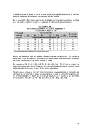 gradualmente varía desde el punto en que se ha desvanecido totalmente el bombeo
adverso hasta que la inclinación corresponde a la del peralte.
En el cuadro Nº 3.2.6.1c se muestran las longitudes mínimas de transición de bombeo
y de transición peralte en función de velocidad directriz y del valor del peralte.
CUADRO Nº 3.2.6.1c
LONGITUDES MÍNIMAS DE TRANSICIÓN DE BOMBEO Y
TRANSICIÓN DE PERALTE (m)
Valor del peralte

Velocidad
directriz
(Km./h)

2%

20
30
40
50
60

9
10
10
11
12

4%

6%

8%

10%

12%

Transición
de bombeo

54
57
62
65
72

9
10
10
11
12

Longitud de transición de peralte (m)*
18
19
21
22
24

27
29
31
32
36

36
38
41
43
48

45
48
51
54
60

* Longitud de transición basada en la rotación de un carril.

El giro del peralte se hará, en general, alrededor del eje de la calzada. En los casos
especiales, como, por ejemplo, en terreno muy llano, puede realizarse el giro alrededor
del borde interior cuando se desea resaltar la curva.
En los cuadros 3.2.6.1.d1, 3.2.6.1.d2, 3.2.6.1.d3, 3.2.6.1.d4 y 3.2.6.1.d5, se indican los
valores de los peraltes requeridos y sus correspondientes longitudes de transición para
cada velocidad directriz en función de los radios adoptados.
Para los casos en que se haya previsto el empleo de curvas espirales de transición, se
verificará que la longitud de estas curvas espirales permita la variación del peralte en
los límites indicados, es decir, que la longitud resulte mayor o igual a la que se indica
en los cuadros 3.2.6.1.d1, 3.2.6.1.d2, 3.2.6.1.d3, 3.2.6.1.d4 y 3.2.6.1.d5.

24

 