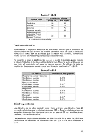 CUADRO Nº 4.2.2.2
Tipo de tubo
Cerámica
Plástico
Concreto
Concreto armado
Acero corrugado:
Espesor 1.37 mm
Espesor 1.58 mm

Profundidad mínima
Φ= 15 cm.
Φ = 30 cm.
50
90
50
75
50
75
60
30

30

Φ = diámetro nominal del tubo

Condiciones hidráulicas
Normalmente, la capacidad hidráulica del dren queda limitada por la posibilidad de
filtración lateral del agua a través del material permeable hacia los tubos; la capacidad
hidráulica de estos, con los diámetros que se indican más adelante, normalmente
resulta superior a la necesaria para las exigencias del drenaje.
No obstante, si existe la posibilidad de conocer el caudal de desagüe, puede hacerse
el cálculo hidráulico de los tubos utilizando la formula Manning u otra análoga de las
que rigen el movimiento del agua en cauces abiertos. Se utilizará la tabla de
coeficientes de rugosidad que se incluye a continuación en el cuadro Nº 4.2.2.3.
CUADRO Nº 4.2.2.3
Tipo de tubo
De concreto normal y cerámica
Condiciones buenas
Condiciones medias
De concreto poroso
Condiciones buenas
Condiciones medias
De plástico
Condiciones buenas
Condiciones medias
De metal
Condiciones buenas
Condiciones medias

Coeficiente n de rugosidad
0.013
0.015
0.017
0.021
0.013
0.015
0.017
0.021

Diámetros y pendientes
Los diámetros de los tubos oscilarán entre 10 cm. y 30 cm. Los diámetros hasta 20
cm. serán suficientes para longitudes inferiores a 120 m. Para longitudes mayores, se
aumentara la sección. Los diámetros menores, sin bajar de 10 cm., se utilizarán con
caudales y pendientes pequeños.
Las pendientes longitudinales no deben ser inferiores al 0.5% y habrá de justificarse
debidamente la necesidad de pendientes menores, que nunca serán inferiores al
0.2%.

68

 