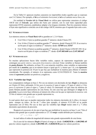 ESIISS: Aprenda Visual Basic 6.0 como si estuviera en Primero                                  página 98



      En la Tabla 8.1 aparecen muchos caracteres no imprimibles (todos aquellos que se expresan
con 2 ó 3 letras). Por ejemplo, el ht es el tabulador horizontal, el nl es el carácter nueva línea, etc.
      En realidad la Versión 6.0 de Visual Basic no utiliza para representar caracteres el código
ASCII sino el Unicode, que utiliza dos bytes por carácter, con lo cual tiene capacidad para
representar 65536 caracteres, pudiéndose adaptar a las lenguas orientales. Para los caracteres latinos
el byte más significativo coincide con el del código ASCII, mientras que el segundo byte está a cero.

8.2 NÚMEROS ENTEROS

Los números enteros en Visual Basic 6.0 se guardan en 1, 2 ó 4 bytes.
        •   Con 8 bits (1 byte) se podrían guardar 28 números: desde 0 hasta 255.
        •   Con 16 bits (2 bytes) se podrían guardar 216 números: desde 0 hasta 65.535. Si se reserva
            un bit para el signo se tendrían 215 números: desde -32768 hasta 32767
        •   Con 32 bits (4 bytes) se podrían guardar 232 números: desde 0 hasta 4.294.967.295. Si se
            reserva un bit para el signo se tendrían 231: desde -2.147.483.648 hasta 2.147.483.647

8.3 NÚMEROS REALES

En muchas aplicaciones hacen falta variables reales, capaces de representar magnitudes que
contengan una parte entera y una parte fraccionaria o decimal. Estas variables se llaman también
de punto flotante. De ordinario, en base 10 y con notación científica, estas variables se representan
por medio de la mantisa, que es un número mayor o igual que 0.1 y menor que 1.0, y un exponente
que representa la potencia de 10 por la que hay que multiplicar la mantisa para obtener el número
considerado. Por ejemplo, el número π se representa como 0.3141592654⋅101. Tanto la mantisa
como el exponente pueden ser positivos y negativos.

8.3.1 Variables tipo Single
Los computadores trabajan en base 2. Por eso un número con decimales de tipo Single se almacena
en 4 bytes (32 bits), utilizando 24 bits para la mantisa (1 para el signo y 23 para el valor) y 8 bits
para el exponente (1 para el signo y 7 para el valor). Es interesante ver qué clase de números de
punto flotante pueden representarse de esta forma. En este caso hay que distinguir el rango de la
precisión. La precisión hace referencia al número de cifras con las que se representa la mantisa: con
23 bits el número más grande que se puede representar es,
                223 = 8.388.608

lo cual quiere decir que se pueden representar todos los números decimales de 6 cifras y la mayor
parte –aunque no todos– de los de 7 cifras (por ejemplo, el número 9.213.456 no se puede
representar con 23 bits). Por eso se dice que las variables tipo Single tienen entre 6 y 7 cifras
decimales equivalentes de precisión.
    Respecto al exponente de dos por el que hay que multiplicar la mantisa en base 2, con 7 bits el
número más grande que se puede representar es 127. El rango vendrá definido por la potencia,
                2127 = 1.7014 · 1038

      lo cual indica el orden de magnitud del número más grande representable de esta forma.
      En el caso de los números Single (4 bytes) el rango es: desde -3.402823E38 a -1.401298E-45
para los valores negativos y desde 1.401298E-45 a 3.402823E38 para los valores positivos.
 