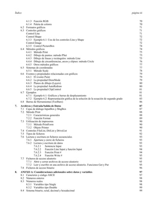 Índice                                                                                                página iii


           6.1.3 Función RGB                                                                                 70
           6.1.4 Paleta de colores                                                                           70
     6.2   Formatos gráficos                                                                                 71
     6.3   Controles gráficos                                                                                71
           Control Line                                                                                      71
           Control Shape                                                                                     72
           6.3.3 Ejemplo 6.1: Uso de los controles Line y Shape                                              72
           Control Image                                                                                     72
           6.3.5 Control PictureBox                                                                          74
     6.4   Métodos gráficos                                                                                  74
           6.4.1 Método Print                                                                                75
           6.4.2 Dibujo de puntos: método PSet                                                               75
           6.4.3 Dibujo de líneas y rectángulos: método Line                                                 75
           6.4.4 Dibujo de circunferencias, arcos y elipses: método Circle                                   76
           6.4.5 Otros métodos gráficos                                                                      77
     6.5   Sistemas de coordenadas                                                                           77
           6.5.1 Método Scale                                                                                78
     6.6   Eventos y propiedades relacionadas con gráficos                                                   79
           6.6.1 El evento Paint                                                                             79
           6.6.2 La propiedad DrawMode                                                                       79
           6.6.3 Planos de dibujo (Layers)                                                                   80
           6.6.4 La propiedad AutoRedraw                                                                     80
           6.6.5 La propiedad ClipControl                                                                    81
     6.7   Ejemplos                                                                                          81
           6.7.1 Ejemplo 6.1: Gráficos y barras de desplazamiento                                            81
           6.7.2 Ejemplo 6.2: Representación gráfica de la solución de la ecuación de segundo grado          83
     6.8   Barras de Herramientas (Toolbars)                                                                 86
7.   Archivos y Entrada/Salida de Datos                                                                      87
     7.1 Cajas de diálogo InputBox y MsgBox                                                                  87
     7.2 Método Print                                                                                        88
         7.2.1 Características generales                                                                     88
         7.2.2 Función Format                                                                                89
     7.3 Utilización de impresoras                                                                           90
         7.3.1 Método PrintForm                                                                              90
         7.3.2 Objeto Printer                                                                                90
     7.4 Controles FileList, DirList y DriveList                                                             91
     7.5 Tipos de ficheros                                                                                   92
     7.6 Lectura y escritura en ficheros secuenciales                                                        93
         7.6.1 Apertura y cierre de ficheros                                                                 93
         7.6.2 Lectura y escritura de datos                                                                  93
                7.6.2.1 Sentencia Input                                                                      93
                7.6.2.2 Función Line Input y función Input                                                   94
                7.6.2.3 Función Print #                                                                      94
                7.6.2.4 Función Write #                                                                      95
     7.7 Ficheros de acceso aleatorio                                                                        95
         7.7.1 Abrir y cerrar archivos de acceso aleatorio                                                   95
         7.7.2 Leer y escribir en una archivo de acceso aleatorio. Funciones Get y Put                       95
     7.8 Ficheros de acceso binario                                                                          96
8.   ANEXO A: Consideraciones adicionales sobre datos y variables                                            97
     8.1 Caracteres y código ASCII                                                                           97
     8.2 Números enteros                                                                                     98
     8.3 Números reales                                                                                      98
         8.3.1 Variables tipo Single                                                                         98
         8.3.2 Variables tipo Double                                                                         99
     8.4 Sistema binario, octal, decimal y hexadecimal                                                       99
 