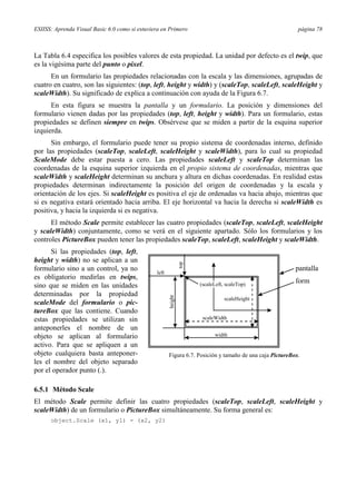 ESIISS: Aprenda Visual Basic 6.0 como si estuviera en Primero                                              página 78



La Tabla 6.4 especifica los posibles valores de esta propiedad. La unidad por defecto es el twip, que
es la vigésima parte del punto o pixel.
      En un formulario las propiedades relacionadas con la escala y las dimensiones, agrupadas de
cuatro en cuatro, son las siguientes: (top, left, height y width) y (scaleTop, scaleLeft, scaleHeight y
scaleWidth). Su significado de explica a continuación con ayuda de la Figura 6.7.
      En esta figura se muestra la pantalla y un formulario. La posición y dimensiones del
formulario vienen dadas por las propiedades (top, left, height y width). Para un formulario, estas
propiedades se definen siempre en twips. Obsérvese que se miden a partir de la esquina superior
izquierda.
      Sin embargo, el formulario puede tener su propio sistema de coordenadas interno, definido
por las propiedades (scaleTop, scaleLeft, scaleHeight y scaleWidth), para lo cual su propiedad
ScaleMode debe estar puesta a cero. Las propiedades scaleLeft y scaleTop determinan las
coordenadas de la esquina superior izquierda en el propio sistema de coordenadas, mientras que
scaleWidth y scaleHeight determinan su anchura y altura en dichas coordenadas. En realidad estas
propiedades determinan indirectamente la posición del origen de coordenadas y la escala y
orientación de los ejes. Si scaleHeight es positiva el eje de ordenadas va hacia abajo, mientras que
si es negativa estará orientado hacia arriba. El eje horizontal va hacia la derecha si scaleWidth es
positiva, y hacia la izquierda si es negativa.
      El método Scale permite establecer las cuatro propiedades (scaleTop, scaleLeft, scaleHeight
y scaleWidth) conjuntamente, como se verá en el siguiente apartado. Sólo los formularios y los
controles PictureBox pueden tener las propiedades scaleTop, scaleLeft, scaleHeight y scaleWidth.
      Si las propiedades (top, left,
height y width) no se aplican a un
                                                                top




formulario sino a un control, ya no                                                                       pantalla
                                                left
es obligatorio medirlas en twips,
                                                                      (scaleLeft, scaleTop)
                                                                                                          form
sino que se miden en las unidades
determinadas por la propiedad
                                                       height




                                                                                 scaleHeight
scaleMode del formulario o pic-
tureBox que las contiene. Cuando
estas propiedades se utilizan sin                                      scaleWidth
anteponerles el nombre de un
objeto se aplican al formulario                                             width
activo. Para que se apliquen a un
objeto cualquiera basta anteponer-                     Figura 6.7. Posición y tamaño de una caja PictureBox.
les el nombre del objeto separado
por el operador punto (.).

6.5.1 Método Scale
El método Scale permite definir las cuatro propiedades (scaleTop, scaleLeft, scaleHeight y
scaleWidth) de un formulario o PictureBox simultáneamente. Su forma general es:
      object.Scale (x1, y1) - (x2, y2)
 