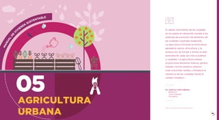 05.	AGRICULTURA URBANA
	 Beneficios
	 Cómo realizarlo
	 Prototipos
05
AGRICULTURA
URBANA
M
A
N
U
A
L
D
E
V
IVIENDA
SUSTENTABLE
69
El rápido crecimiento de las ciudades
en los países en desarrollo somete a los
sistemas de suministro de alimentos de
las ciudades a grandes exigencias.
La agricultura (incluida la horticultura,
ganadería, pesca, silvicultura, y la
producción de forraje y leche) se está
extendiendo cada vez más a pueblos
y ciudades. La agricultura urbana
proporciona alimentos frescos, genera
empleo, recicla residuos urbanos,
crea cinturones verdes, y fortalece la
resiliencia de las ciudades frente al
cambio climático.1
1
http://www.fao.org/urban-agriculture/es/
 