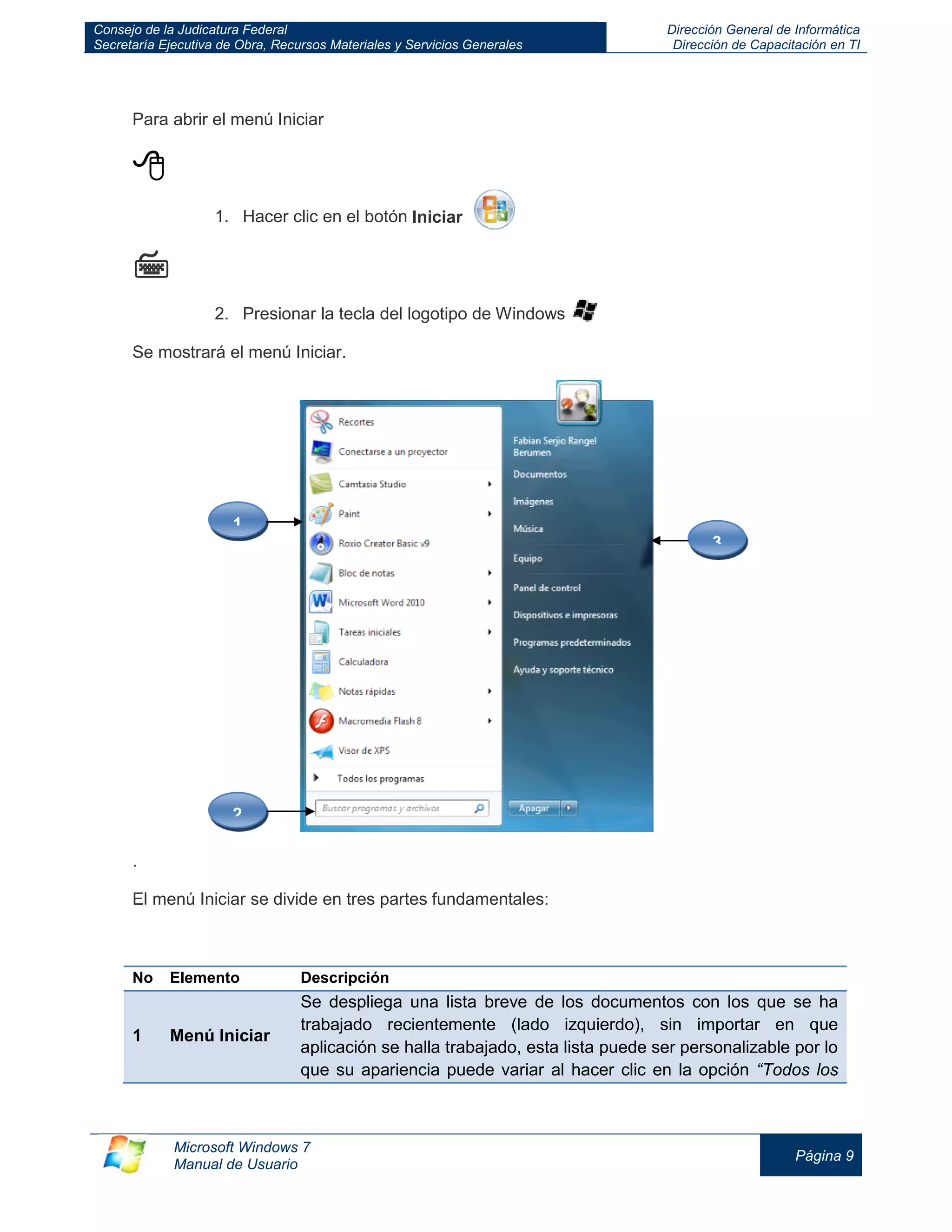Consejo de la Judicatura Federal 
Secretaría Ejecutiva de Obra, Recursos Materiales y Servicios Generales 
Dirección General de Informática 
Dirección de Capacitación en TI 
Microsoft Windows 7 
Manual de Usuario 
Página 9 
Para abrir el menú Iniciar 
 
1. Hacer clic en el botón Iniciar  2. Presionar la tecla del logotipo de Windows Se mostrará el menú Iniciar. . El menú Iniciar se divide en tres partes fundamentales: 
No 
Elemento 
Descripción 1 Menú Iniciar Se despliega una lista breve de los documentos con los que se ha trabajado recientemente (lado izquierdo), sin importar en que aplicación se halla trabajado, esta lista puede ser personalizable por lo que su apariencia puede variar al hacer clic en la opción “Todos los 
1 
2 
3  