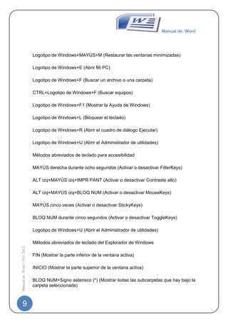 Manual de Word




                             Logotipo de Windows+MAYÚS+M (Restaurar las ventanas minimizadas)

                             Logotipo de Windows+E (Abrir Mi PC)

                             Logotipo de Windows+F (Buscar un archivo o una carpeta)

                             CTRL+Logotipo de Windows+F (Buscar equipos)

                             Logotipo de Windows+F1 (Mostrar la Ayuda de Windows)

                             Logotipo de Windows+L (Bloquear el teclado)

                             Logotipo de Windows+R (Abrir el cuadro de diálogo Ejecutar)

                             Logotipo de Windows+U (Abrir el Administrador de utilidades)

                             Métodos abreviados de teclado para accesibilidad

                             MAYÚS derecha durante ocho segundos (Activar o desactivar FilterKeys)

                             ALT izq+MAYÚS izq+IMPR PANT (Activar o desactivar Contraste alto)

                             ALT izq+MAYÚS izq+BLOQ NUM (Activar o desactivar MouseKeys)

                             MAYÚS cinco veces (Activar o desactivar StickyKeys)

                             BLOQ NUM durante cinco segundos (Activar o desactivar ToggleKeys)

                             Logotipo de Windows+U (Abrir el Administrador de utilidades)

                             Métodos abreviados de teclado del Explorador de Windows
Manual de Word | 10/1/2012




                             FIN (Mostrar la parte inferior de la ventana activa)

                             INICIO (Mostrar la parte superior de la ventana activa)

                             BLOQ NUM+Signo asterisco (*) (Mostrar todas las subcarpetas que hay bajo la
                             carpeta seleccionada)



   9
 