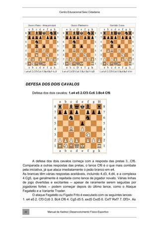 Centro Educacional Sesc Cidadania
DEFESA DOS DOIS CAVALOS
Defesa dos dois cavalos: 1.e4 e5 2.Cf3 Cc6 3.Bc4 Cf6
A defesa dos dois cavalos começa com a resposta das pretas 3...Cf6.
Comparada a outras respostas das pretas, o lance Cf6 é o que mais combate
pela iniciativa, já que ataca imediatamente o peão branco em e4.
As brancas têm várias respostas aceitáveis, incluindo 4.d3, 4.d4, e a complexa
4.Cg5, que geralmente é rejeitada como lance de jogador novato. Várias linhas
de jogo divertidas e excitantes -- apesar de raramente serem seguidas por
jogadores fortes -- podem começar depois do último lance, como o Ataque
Fegatello e a Variante Traxler.
O ataque Fegatello ou Fígado Frito é executado com os seguintes lances:
1. e4 e5 2. Cf3 Cc6 3. Bc4 Cf6 4. Cg5 d5 5. exd5 Cxd5 6. Cxf7 Rxf7 7. Df3+. As
Manual de Xadrez | Desenvolvimento Físico-Esportivo
22
 