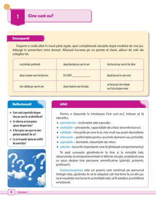 8 Unitatea I
1 Cine sunt eu?
Împarte o coală albă în nouă părți egale, apoi completează căsuțele după modelul de mai jos.
Adaugă în prezentare orice dorești. Afișează lucrarea pe un perete al clasei, alături de cele ale
colegilor tăi.
•	 Caresuntaspecteledespre
tinepecarele-aiidentificat?
•	 Cealtcevaaimaiputea
spunedespretine?
•	 Afostgreusauușorsăcom-
pletezitabelul?Dece?
•	 Lacetepoateajutaunastfel
deexercițiu?
o activitate preferată două dorințe pe care le am trei lucruri pe care le fac bine
două cuvinte care mă descriu EU SUNT ___________ două lucruri în care cred
trei calități pe care le am două materii care îmi plac
un lucru pe care colegii
nu îl știu despre mine
Pentru a răspunde la întrebarea Cine sunt eu?, trebuie să îți
identifici:
•	 aptitudinile – înclinațiile tale naturale;
•	 
abilitățile – priceperile, capacitățile de a face anumite lucruri;
•	 calitățile – însușirile pe care le ai, mai mult sau puțin dezvoltate;
•	 
interesele – preferințele pentru anumite domenii sau activități;
•	 
aspirațiile – dorințele, năzuințele de viitor;
•	 valorile – lucrurile importante care îți ghidează comportamentul.
Te poți cunoaște gândindu-te la tine și la emoțiile tale,
observându-ți comportamentele în diferite situații, analizând ceea
ce spun despre tine persoane semnificative (părinții, prietenii,
profesorii).
Autocunoașterea este un proces care continuă pe parcursul
întregii vieți, ajutându-te să te adaptezi cât mai bine la cei din jur,
să ai rezultate mai bune în activitățile tale, să fii sănătos și echilibrat
emoțional.
Reflectează! Află!
Descoperă!
 