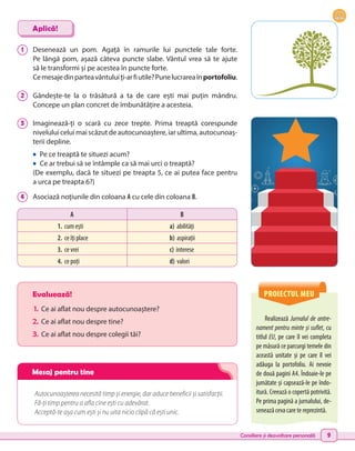 Consiliere și dezvoltare personală 9
1 	 Desenează un pom. Agață în ramurile lui punctele tale forte.
Pe lângă pom, așază câteva puncte slabe. Vântul vrea să te ajute
să le transformi și pe acestea în puncte forte.
Cemesajedinparteavântuluiți-arfiutile?Punelucrareaînportofoliu.
2 	 Gândește-te la o trăsătură a ta de care ești mai puțin mândru.
Concepe un plan concret de îmbunătățire a acesteia.
3 	 Imaginează-ți o scară cu zece trepte. Prima treaptă corespunde
nivelului celui mai scăzut de autocunoaștere, iar ultima, autocunoaș-
terii depline.
•	 Pe ce treaptă te situezi acum?
•	 Ce ar trebui să se întâmple ca să mai urci o treaptă?
(De exemplu, dacă te situezi pe treapta 5, ce ai putea face pentru
a urca pe treapta 6?)
4 	 Asociază noțiunile din coloana A cu cele din coloana B.
A B
1. cum ești a) abilități
2. ce îți place b) aspirații
3. ce vrei c) interese
4. ce poți d) valori
Autocunoașterea necesită timp și energie, dar aduce beneficii și satisfacții.
Fă-ți timp pentru a afla cine ești cu adevărat.
Acceptă-te așa cum ești și nu uita nicio clipă că ești unic.
Realizează Jurnalul de antre-
nament pentru minte și suflet, cu
titlul EU, pe care îl vei completa
pe măsură ce parcurgi temele din
această unitate și pe care îl vei
adăuga la portofoliu. Ai nevoie
de două pagini A4. Îndoaie-le pe
jumătate și capsează-le pe îndo-
itură. Creează o copertă potrivită.
Pe prima pagină a jurnalului, de-
senează ceva care te reprezintă.
Aplică!
Evaluează!
1.	 Ce ai aflat nou despre autocunoaștere?
2.	Ce ai aflat nou despre tine?
3.	 Ce ai aflat nou despre colegii tăi?
PROIECTUL MEU
Mesaj pentru tine
 