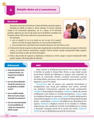 34 Unitatea II
4 Relațiile dintre noi și comunicarea
•	 Inima decupată din hârtie
a redevenit netedă, ca la
început? Cum vă explicați
acest fapt?
•	 Care este efectul diferitelor
mesaje din comunicare asu-
pra gândurilor și emoțiilor
noastre?
•	 Cum se modifică relațiile
dintre noi în urma compor-
tamentelor de comunicare?
•	 Care este consecința faptului
că avem posibilitatea de
a alege cum comunicăm în
diferite situații?
Desenațiconturuluneiinimipeofoaiedehârtie,apoidecupați-o.
Realizați pe tablă un tabel cu două coloane. În prima coloană
notați 8–10 comentarii jignitoare, iar în a doua, 8–10 afirmații
pozitive, plăcute, pe care le-ați auzit sau le-ați folosit vreodată unii
la adresa altora, fără a face referire la o persoană anume.
De exemplu:
•	 ești un ciudat!; tu nu ai ce căuta cu noi, nu pot să te suport!;
dacă nu îmi dai să copiez după tine, nu mai suntem prieteni! etc.
•	 ești un prieten bun; ești foarte isteț; îmi place bluza ta; mă simt bine cu tine.
√	Citiți prima listă de expresii și observați-vă gândurile și reacțiile emoționale care apar în interiorul
vostru, în cazul fiecărui comentariu negativ. Pentru fiecare reacție emoțională trăită negativ,
îndoiți sau faceți un pliu pe inima decupată.
√	Citiți a doua listă de expresii și desfaceți o îndoitură a inimii, după 5 reacții emoționale trăite
pozitiv (după 5 afirmații plăcute diferite).
Viața noastră se desfășoară permanent într-o rețea de relații:
în familie, la școală, în timpul liber. Pentru a avea relații sociale
armonioase, bazate pe înțelegere și respect, este important să
învățăm să comunicăm eficient. Cuvântul comunicare provine
din limba latină: communis, care înseamnă a pune de acord, a fi în
legătură cu sau a fi în relație.
Comunicarea este un proces care cuprinde transmiterea și
recepționarea unui mesaj prin utilizarea unor semne, semnale
sau simboluri. Comunicarea cuprinde mai multe componente:
emițătorul (transmițătorul mesajului), codificarea (ideile din mintea
emițătorului sunt traduse în cuvinte/voce/gesturi), mesajul (ceea
ce emițătorul dorește să comunice), canalul (mediul utilizat pentru
a transmitemesajul),decodificarea(receptorulinterpreteazămesajul
primit – auzit/văzut), receptorul (ascultătorul sau destinatarul me-
sajului), feedbackul (legătura inversă de la receptor la emițător,
răspunsul pe care receptorul îl trimite transmițătorului ca urmare
a  procesării mesajului primit de la acesta din urmă), contextul/
mediul în care se desfășoară procesul de comunicare.
Descoperă!
Reflectează! Află!
 
