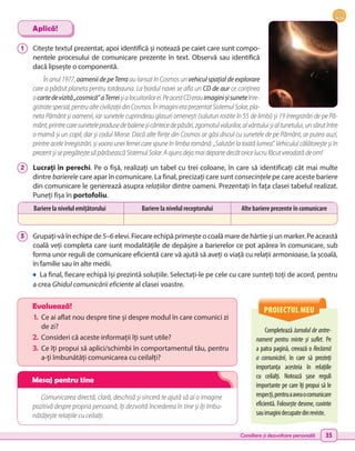 Consiliere și dezvoltare personală 35
1 	 Citește textul prezentat, apoi identifică și notează pe caiet care sunt compo-
nentele procesului de comunicare prezente în text. Observă sau identifică
dacă lipsește o componentă.
În anul 1977, oamenii de pe Terra au lansat în Cosmos un vehicul spațial de explorare
care a părăsit planeta pentru totdeauna. La bordul navei se afla un CD de aur ce conținea
o cartedevizită„cosmică”aTerreișialocuitorilorei.PeacestCDerauimaginișisuneteînre-
gistratespecial,pentrualtecivilizațiidinCosmos.ÎnimaginieraprezentatSistemulSolar,pla-
neta Pământ și oamenii, iar sunetele cuprindeau glasuri omenești (saluturi rostite în 55 de limbi) și 19 înregistrări de pe Pă-
mânt,printrecaresuneteleprodusedebaleneșicântecedepăsări,zgomotulvalurilor,alvântuluișialtunetului,unsărutîntre
o mamă și un copil, dar și codul Morse. Dacă alte ființe din Cosmos ar găsi discul cu sunetele de pe Pământ, ar putea auzi,
printre acele înregistrări, și vocea unei femei care spune în limba română: „Salutări la toată lumea”. Vehiculul călătorește și în
prezent și se pregătește să părăsească Sistemul Solar. A ajuns deja mai departe decât orice lucru făcut vreodată de om!
2 	 Lucrați în perechi. Pe o fișă, realizați un tabel cu trei coloane, în care să identificați cât mai multe
dintre barierele care apar în comunicare. La final, precizați care sunt consecințele pe care aceste bariere
din comunicare le generează asupra relațiilor dintre oameni. Prezentați în fața clasei tabelul realizat.
Puneți fișa în portofoliu.
3 	 Grupați-vă în echipe de 5–6 elevi. Fiecare echipă primește o coală mare de hârtie și un marker. Pe această
coală veți completa care sunt modalitățile de depășire a barierelor ce pot apărea în comunicare, sub
forma unor reguli de comunicare eficientă care vă ajută să aveți o viață cu relații armonioase, la școală,
în familie sau în alte medii.
•	 La final, fiecare echipă își prezintă soluțiile. Selectați-le pe cele cu care sunteți toți de acord, pentru
a crea Ghidul comunicării eficiente al clasei voastre.
Aplică!
Comunicarea directă, clară, deschisă și sinceră te ajută să ai o imagine
pozitivă despre propria persoană, îți dezvoltă încrederea în tine și îți îmbu-
nătățește relațiile cu ceilalți.
PROIECTUL MEU
Completează Jurnalul de antre-
nament pentru minte și suflet. Pe
a patra pagină, creează o Reclamă
a comunicării, în care să prezinți
importanța acesteia în relațiile
cu ceilalți. Notează șase reguli
importante pe care îți propui să le
respecți,pentruaaveaocomunicare
eficientă. Folosește desene, cuvinte
sauimaginidecupatedinreviste.
Evaluează!
1.	 Ce ai aflat nou despre tine și despre modul în care comunici zi
de zi?
2.	Consideri că aceste informații îți sunt utile?
3.	 Ce îți propui să aplici/schimbi în comportamentul tău, pentru
a-ți îmbunătăți comunicarea cu ceilalți?
Bariere la nivelul emițătorului Bariere la nivelul receptorului Alte bariere prezente în comunicare
Mesaj pentru tine
 