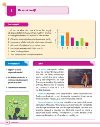 46 Unitatea III
1 De ce să învăț?
•	 Cepărereaidespre
răspunsurileelevilor?
•	 Aicolegisauprietenicareau
motiveasemănătoarecucele
prezentateîngrafic?
•	 Tucemotiveaicasăînveți?
O sută de elevi din clasa a V-a au fost rugați
să răspundă la întrebarea: De ce înveți? În graficul
alăturat poți observa ce răspunsuri au dat elevii.
A învăța presupune dobân-
direa de cunoștințe și deprinderi
noi. Cel care învață construiește
peste cunoștințele deja dobân-
dite și peste experiența de viață.
Toate cunoștințele și deprinderile
ar trebui folosite într-o varietate
de contexte, în viața de zi cu zi,
nu doar la școală.
Motivația este ceea ce ne determină să facem anumite lucruri.
Poate avea legătură cu noi, și o numim motivație internă, sau cu
factori din afara noastră, și o numim motivație externă.
Motivația pentru învățare se referă la ce ne determină pe noi
să învățăm. Motivația internă provine, de exemplu, din curiozitate,
din dorința de cunoaștere, din dorința de progres personal, din
propriile scopuri și interese etc. Motivația externă se referă la
așteptarea laudei, a notei, a recompensei, la teama de eșec sau de
pedeapsă, la dorința de a fi pe placul celorlalți etc.
A.	 Primesc o recompensă pentru fiecare notă bună.
B.	 Îmi place să aflu lucruri noi și să știu cât mai multe.
C.	 Mă laudă părinții când am rezultate bune.
D.	 Îmi fac prieteni pentru că îi ajut la lecții.
E.	 Vreau să ajung cineva.
F.	 Sunt pedepsit dacă nu obțin note bune.
A
7
9
17
16
23
28
B C D E F
Descoperă!
Reflectează! Află!
 