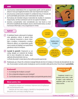 Consiliere și dezvoltare personală 53
•	 structurarea materialului într-un organizator grafic care te ajută să
observi mai ușor legăturile dintre cele mai importante noțiuni;
•	 structurarea conținutului învățării în unități de timp, în funcție de
particularitățile personale și ale materialului de studiat;
•	 formularea de întrebări despre materialul de studiat; în căutarea
răspunsului, vei face conexiuni care te vor ajuta în învățare;
•	 testarea cunoștințelor este considerată cea mai bună și mai
eficientă modalitate de învățare; atunci când rezolvi teste, nu doar
memorezi informații, ci le și organizezi în minte.
1 	 O abilitate foarte valoroasă în învățare
este gândirea critică. A gândi critic
un material înseamnă a pune între-
bări, a analiza, a interpreta, a evalua.
Observă, alături, un organizator grafic
care te ajută să înțelegi cum poți folosi
gândirea critică în învățare.
2 	 Lucrați în perechi. Împreună cu un
coleg, alegeți un material de învățat,
de la orice disciplină de studiu, apoi
aplicați cele prezentate mai sus.
La final, discutați în clasă dacă a fost utilă această experiență.
3 	 Realizează, pe o foaie A4, o listă de strategii folosite de tine în învățare, în funcție de disciplinele de stu-
diu. Încercuiește numele acelor strategii pe care le consideri utile pentru tine. Pune foaia în portofoliu.
Aplică!
Strategiile de învățare sunt numeroase. Important este să le găsești pe
cele mai potrivite pentru tine.
Folosește cât mai multe strategii și identifică ce funcționează cel mai
bine pentru tine, cum înveți și înțelegi mai ușor.
PROIECTUL MEU
Completează Jurnalul de an-
trenament pentru minte și suflet.
Pe pagina a patra realizează un
organizator grafic cu tema Cum
învățeumaibine.
Evaluează!
1.	 Ce strategii de învățare cunoști?
2.	De ce depinde alegerea unei strategii?
3.	 Cumîțidaiseamacestrategiideînvățaresuntpotrivitepentrutine?
Gândirea critică
în învățare
Îmi pot aminti
ușor ceea ce am învățat
până acum?
Ce înseamnă
aceste idei?
Cum pot folosi ceea ce
tocmai am învățat?
Ce legături există între
informații (cauză–efect,
parte–întreg)?
Princediferăaceste
idei dealtelepecare
le-am maiîntâlnit?
Ce idei asemănătoare
am mai întâlnit
până acum?
Explică, folosind
cuvintele tale, de ce
unele informații sunt
adevărate.
Află!
Mesaj pentru tine
 