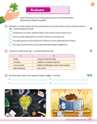 Consiliere și dezvoltare personală 63
Adună10trifoinorocoși.Peunulîlaideja,pentrucăaiparcursatreiaunitatedeînvățare!
Rezolvăpecaietșievaluează-țicunoștințele.
1 	 Notează cu 1 acele motive care țin de persoană și cu 2 acele motive care țin de factori externi.
( – o corespondență corectă)
	 Învăț pentru că vreau să devin medic și am nevoie să știu multe lucruri.
	 Sunt cuminte astăzi pentru că mâine mă duc ai mei la piscină.
	 Fac sport pentru că mă învață să fiu ordonat și să îmi organizez bine timpul.
	 Îmi vizitez bunicii pentru că îmi plac poveștile despre copilăria lor.
3 	 Enumeră patru factori care sprijină învățarea. ( – un factor)
• ___________________________________ ; • ___________________________________ ;
• ___________________________________ ; • ___________________________________ .
2 	 Unește ce se potrivește. ( – o corespondență corectă)
A B
a învăța a cunoaște strategii de învățare
a fi motivat a dobândi noi cunoștințe și deprinderi
a ști cum să înveți echilibru între dificultatea sarcinii și nivelul motivației
optim motivațional a dori să înveți
Cum
să fac
Evaluare
 