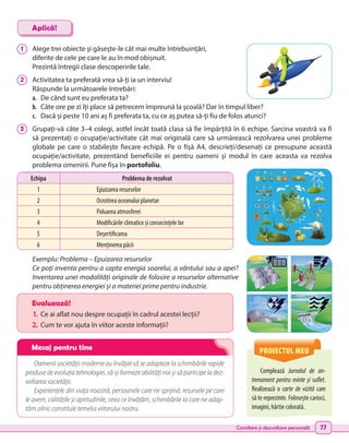 Consiliere și dezvoltare personală 77
1 	 Alege trei obiecte și găsește-le cât mai multe întrebuințări,
diferite de cele pe care le au în mod obișnuit.
Prezintă întregii clase descoperirile tale.
2 	 Activitatea ta preferată vrea să-ți ia un interviu!
Răspunde la următoarele întrebări:
a.	 De când sunt eu preferata ta?
b.	 Câte ore pe zi îți place să petrecem împreună la școală? Dar în timpul liber?
c.	 Dacă și peste 10 ani aș fi preferata ta, cu ce aș putea să-ți fiu de folos atunci?
3 	 Grupați-vă câte 3–4 colegi, astfel încât toată clasa să fie împărțită în 6 echipe. Sarcina voastră va fi
să prezentați o ocupație/activitate cât mai originală care să urmărească rezolvarea unei probleme
globale pe care o stabilește fiecare echipă. Pe o fișă A4, descrieți/desenați ce presupune această
ocupație/activitate, prezentând beneficiile ei pentru oameni și modul în care aceasta va rezolva
problema omenirii. Pune fișa în portofoliu.
Exemplu: Problema – Epuizarea resurselor
Ce poți inventa pentru a capta energia soarelui, a vântului sau a apei?
Inventarea unei modalități originale de folosire a resurselor alternative
pentru obținerea energiei și a materiei prime pentru industrie.
Oamenii societății moderne au învățat să se adapteze la schimbările rapide
produse de evoluția tehnologiei, să-și formeze abilități noi și să participe la dez-
voltarea societății.
Experiențele din viața noastră, persoanele care ne sprijină, resursele pe care
le avem, calitățile și aptitudinile, ceea ce învățăm, schimbările la care ne adap-
tăm zilnic constituie temelia viitorului nostru.
Complează Jurnalul de an-
trenament pentru minte și suflet.
Realizează o carte de vizită care
să te reprezinte. Folosește carioci,
imagini, hârtie colorată.
Aplică!
Evaluează!
1.	 Ce ai aflat nou despre ocupații în cadrul acestei lecții?
2.	Cum te vor ajuta în viitor aceste informații?
PROIECTUL MEU
Echipa Problema de rezolvat
1 Epuizarea resurselor
2 Ocrotirea oceanului planetar
3 Poluarea atmosferei
4 Modificările climatice și consecințele lor
5 Deșertificarea
6 Menținerea păcii
Mesaj pentru tine
 