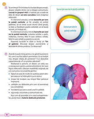 4 	 Acordă-ți puțin timp pentru a te gândi la prietenii
tăi, care ți-au fost alături permanent. Ce ai învățat
nou despre relația de prietenie? Ți-ai dezvoltat
capacitatea de a fi un prieten adevărat?
Realizează o pictură, un desen, un colaj sau
o compunere pentru prietenul/prietenii tăi (vezi
figura alăturată). Găsește modalități originale de
a-ți comunica recunoștința pentru:
•	 faptul că aveți de multe ori aceleași păreri des-
pre ceea ce se întâmplă în jurul vostru;
•	 timpul de învățare sau timpul liber petrecut
împreună;
•	 calitățile sau defectele prin care vă asemănați
sau completați;
•	 încrederea pe care o aveți unul în celălalt;
•	 siguranță, sinceritate și comunicare etc.
Așa cum ați procedat și în cazul autoportrete-
lor, puteți face o Galerie dedicată prieteniei.
3 	 Îțiamintești?ÎnUnitateaIIaiînvățatdespreemoții,
despre relațiile dintre noi și despre comunicare.
Lucrați în grupuri mici și realizați pe o coală de
bloc de desen un cerc-curcubeu (vezi imaginea
alăturată).
În interiorul cercului, scrieți lucrurile pe care
le puteți controla: să fiți amabili, să vorbiți
politicos, să vă cereți scuze atunci când greșiți,
să dați un feedback pozitiv celorlalți, să vă faceți
temele, să învățați etc.
În exteriorul cercului, treceți lucrurile pe care
nu le puteți controla: culoarea ochilor, a pielii,
înălțimea, vremea, felul în care vorbesc ceilalți,
felul în care ceilalți se poartă cu voi etc.
Expuneți lucrările în clasă și faceți un Tur
al galeriei. Discutați despre asemănările și
deosebirile dintre produse. Ce observați?
lucruri pe care le
puteți controla
lucruri pe care nu le puteți controla
84 Recapitulare finală
 