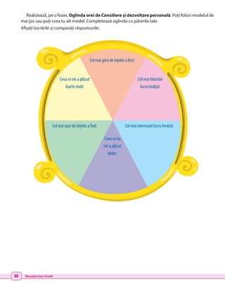 Realizează, pe o foaie, Oglinda orei de Consiliere și dezvoltare personală. Poți folosi modelul de
mai jos sau poți crea tu alt model. Completează oglinda cu părerile tale.
Afișați lucrările și comparați răspunsurile.
Cel mai interesant lucru învățat:
Cel mai folositor
lucru învățat:
Cel mai ușor de înțeles a fost:
Ceva ce mi-a plăcut
foarte mult:
Cel mai greu de înțeles a fost:
Ceva ce nu
mi-a plăcut
deloc:
88 Recapitulare finală
 