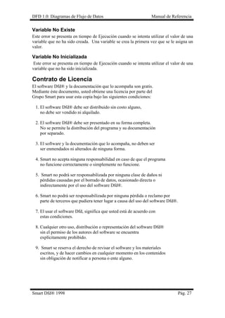 DFD 1.0: Diagramas de Flujo de Datos Manual de Referencia
Variable No Existe
Este error se presenta en tiempo de Ejecución cuando se intenta utilizar el valor de una
variable que no ha sido creada. Una variable se crea la primera vez que se le asigna un
valor.
Variable No Inicializada
Este error se presenta en tiempo de Ejecución cuando se intenta utilizar el valor de una
variable que no ha sido inicializada.
Contrato de Licencia
El software Dfd® y la documentación que lo acompaña son gratis.
Mediante éste documento, usted obtiene una licencia por parte del
Grupo Smart para usar esta copia bajo las siguientes condiciones:
1. El software Dfd® debe ser distribuido sin costo alguno,
no debe ser vendido ni alquilado.
2. El software Dfd® debe ser presentado en su forma completa.
No se permite la distribución del programa y su documentación
por separado.
3. El software y la documentación que lo acompaña, no deben ser
ser enmendados ni alterados de ninguna forma.
4. Smart no acepta ninguna responsabilidad en caso de que el programa
no funcione correctamente o simplemente no funcione.
5. Smart no podrá ser responsabilizada por ninguna clase de daños ni
pérdidas causadas por el borrado de datos, ocasionado directa o
indirectamente por el uso del software Dfd®.
6. Smart no podrá ser responsabilizada por ninguna pérdida o reclamo por
parte de terceros que pudiera tener lugar a causa del uso del software Dfd®.
7. El usar el software Dfd, significa que usted está de acuerdo con
estas condiciones.
8. Cualquier otro uso, distribución o representación del software Dfd®
sin el permiso de los autores del software se encuentra
explícitamente prohibido.
9. Smart se reserva el derecho de revisar el software y los materiales
escritos, y de hacer cambios en cualquier momento en los contenidos
sin obligación de notificar a persona o ente alguno.
Smart Dfd® 1998 Pág. 27
 
