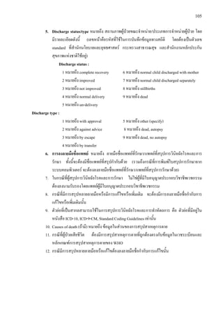 105
5. Discharge status/type หมายถึง สถานภาพผูปวยขณะจําหนาย/ประเภทการจําหนายผูปวย โดย
มีรายละเอียดดังนี้ (เลขหนาคือรหัสที่ใชในการบันทึกขอมูลทางสถิติ โดยตองเปนตัวเลข
standard ที่สํานักนโยบายและยุทธศาสตร กระทรวงสาธารณสุข และสํานักงานหลักประกัน
สุขภาพแหงชาติใชอยู)
Discharge status :
1 หมายถึง complete recovery 6 หมายถึง normal child discharged with mother
2 หมายถึง improved 7 หมายถึง normal child discharged separately
3 หมายถึง not improved 8 หมายถึง stillbirths
4 หมายถึง normal delivery 9 หมายถึง dead
5 หมายถึง un-delivery
Discharge type :
1 หมายถึง with approval 5 หมายถึง other (specify)
2 หมายถึง against advice 8 หมายถึง dead, autopsy
3 หมายถึง by escape 9 หมายถึง dead, no autopsy
4 หมายถึง by transfer
6. การลงลายมือชื่อแพทย หมายถึง ลายมือชื่อแพทยที่รักษา/แพทยที่สรุปการวินิจฉัยโรคและการ
รักษา ทั้งนี้จะตองมีชื่อแพทยที่สรุปกํากับดวย (รวมถึงกรณีที่การพิมพใบสรุปการรักษาจาก
ระบบคอมพิวเตอร จะตองลงลายมือชื่อแพทยที่รักษา/แพทยที่สรุปการรักษาดวย)
7. ในกรณีที่ผูสรุปการวินิจฉัยโรคและการรักษา ไมใชผูที่มีใบอนุญาตประกอบวิชาชีพเวชกรรม
ตองลงนามรับรองโดยแพทยผูมีใบอนุญาตประกอบวิชาชีพเวชกรรม
8. กรณีที่มีการสรุปหลายลายมือหรือมีการแกไขหรือเพิ่มเติม จะตองมีการลงลายมือชื่อกํากับการ
แกไขหรือเพิ่มเติมนั้น
9. ตัวยอที่เปนสากลสามารถใชในการสรุปการวินิจฉัยโรคและการทําหัตถการ คือ ตัวยอที่มีอยูใน
หนังสือ ICD-10, ICD-9-CM, Standard Coding Guidelines เทานั้น
10. Causes of death (ถามี) หมายถึง ขอมูลในสวนของการสรุปสาเหตุการตาย
11. กรณีที่ผูปวยเสียชีวิต ตองมีการสรุปสาเหตุการตายที่ถูกตองตรงกับขอมูลในเวชระเบียนและ
หลักเกณฑการสรุปสาเหตุการตายของ WHO
12. กรณีมีการสรุปหลายลายมือหรือแกไขตองลงลายมือชื่อกํากับการแกไขนั้น
 