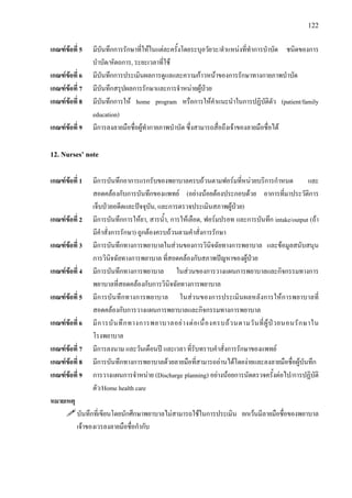 122
เกณฑขอที่ 5 มีบันทึกการรักษาที่ใหในแตละครั้งโดยระบุอวัยวะ/ตําแหนงที่ทําการบําบัด ชนิดของการ
บําบัด/หัตถการ, ระยะเวลาที่ใช
เกณฑขอที่ 6 มีบันทึกการประเมินผลการดูแลและความกาวหนาของการรักษาทางกายภาพบําบัด
เกณฑขอที่ 7 มีบันทึกสรุปผลการรักษาและการจําหนายผูปวย
เกณฑขอที่ 8 มีบันทึกการให home program หรือการใหคําแนะนําในการปฏิบัติตัว (patient/family
education)
เกณฑขอที่ 9 มีการลงลายมือชื่อผูทํากายภาพบําบัด ซึ่งสามารถสื่อถึงเจาของลายมือชื่อได
12. Nurses’ note
เกณฑขอที่ 1 มีการบันทึกอาการแรกรับของพยาบาลครบถวนตามฟอรมที่หนวยบริการกําหนด และ
สอดคลองกับการบันทึกของแพทย (อยางนอยตองประกอบดวย อาการที่มาประวัติการ
เจ็บปวยอดีตและปจจุบัน, และการตรวจประเมินสภาพผูปวย)
เกณฑขอที่ 2 มีการบันทึกการใหยา, สารน้ํา, การใหเลือด, ฟอรมปรอท และการบันทึก intake/output (ถา
มีคําสั่งการรักษา) ถูกตองครบถวนตามคําสั่งการรักษา
เกณฑขอที่ 3 มีการบันทึกทางการพยาบาลในสวนของการวินิจฉัยทางการพยาบาล และขอมูลสนับสนุน
การวินิจฉัยทางการพยาบาล ที่สอดคลองกับสภาพปญหาของผูปวย
เกณฑขอที่ 4 มีการบันทึกทางการพยาบาล ในสวนของการวางแผนการพยาบาลและกิจกรรมทางการ
พยาบาลที่สอดคลองกับการวินิจฉัยทางการพยาบาล
เกณฑขอที่ 5 มีการบันทึกทางการพยาบาล ในสวนของการประเมินผลหลังการใหการพยาบาลที่
สอดคลองกับการวางแผนการพยาบาลและกิจกรรมทางการพยาบาล
เกณฑขอที่ 6 มีการบันทึกทางการพยาบาลอยางตอเนื่องครบถวนตามวันที่ผูปวยนอนรักษาใน
โรงพยาบาล
เกณฑขอที่ 7 มีการลงนาม และวันเดือนป และเวลา ที่รับทราบคําสั่งการรักษาของแพทย
เกณฑขอที่ 8 มีการบันทึกทางการพยาบาลดวยลายมือที่สามารถอานไดโดยงายและลงลายมือชื่อผูบันทึก
เกณฑขอที่ 9 การวางแผนการจําหนาย (Discharge planning) อยางนอยการนัดตรวจครั้งตอไป/การปฏิบัติ
ตัว/Home health care
หมายเหตุ
บันทึกที่เขียนโดยนักศึกษาพยาบาลไมสามารถใชในการประเมิน ยกเวนมีลายมือชื่อของพยาบาล
เจาของเวรลงลายมือชื่อกํากับ
 