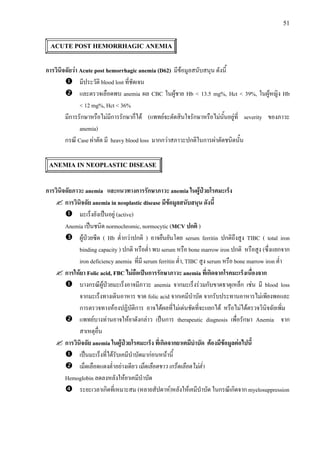 51
ACUTE POST HEMORRHAGIC ANEMIA
การวินิจฉัยวา Acute post hemorrhagic anemia (D62) มีขอมูลสนับสนุน ดังนี้
มีประวัติ blood lost ที่ชัดเจน
และตรวจเลือดพบ anemia ผล CBC ในผูชาย Hb < 13.5 mg%, Hct < 39%, ในผูหญิง Hb
< 12 mg%, Hct < 36%
มีการรักษาหรือไมมีการรักษาก็ได (แพทยจะตัดสินใจรักษาหรือไมนั้นอยูที่ severity ของภาวะ
anemia)
กรณี Case ผาตัด มี heavy blood loss มากกวาสภาวะปกติในการผาตัดชนิดนั้น
ANEMIA IN NEOPLASTIC DISEASE
การวินิจฉัยภาวะ anemia และแนวทางการรักษาภาวะ anemia ในผูปวยโรคมะเร็ง
การวินิจฉัย anemia in neoplastic disease มีขอมูลสนับสนุน ดังนี้
มะเร็งยังเปนอยู (active)
Anemia เปนชนิด normochromic, normocytic (MCV ปกติ )
ผูปวยซีด ( Hb ต่ํากวาปกติ ) อาจยืนยันโดย serum ferritin ปกติถึงสูง TIBC ( total iron
binding capacity ) ปกติ หรือต่ํา พบ serum หรือ bone marrow iron ปกติ หรือสูง (ซึ่งแยกจาก
iron deficiency anemia ที่มี serum ferritin ต่ํา, TIBC สูง serum หรือ bone marrow iron ต่ํา
การใหยา Folic acid, FBC ไมถือเปนการรักษาภาวะ anemia ที่เกิดจากโรคมะเร็งเนื่องจาก
บางกรณีผูปวยมะเร็งอาจมีภาวะ anemia จากมะเร็งรวมกับขาดธาตุเหล็ก เชน มี blood loss
จากมะเร็งทางเดินอาหาร ขาด folic acid จากเคมีบําบัด จากรับประทานอาหารไมเพียงพอและ
การตรวจทางหองปฏิบัติการ อาจไดผลที่ไมเดนชัดที่จะแยกได หรือไมไดตรวจวินิจฉัยเพิ่ม
แพทยบางทานอาจใหยาดังกลาว เปนการ therapeutic diagnosis เพื่อรักษา Anemia จาก
สาเหตุอื่น
การวินิจฉัย anemia ในผูปวยโรคมะเร็ง ที่เกิดจากยาเคมีบําบัด ตองมีขอมูลตอไปนี้
เปนมะเร็งที่ไดรับเคมีบําบัดมากอนหนานี้
เม็ดเลือดแดงต่ําอยางเดียว เม็ดเลือดขาว เกร็ดเลือดไมต่ํา
Hemoglobin ลดลงหลังใหยาเคมีบําบัด
ระยะเวลาเกิดที่เหมาะสม (หลายสัปดาห)หลังใหเคมีบําบัด ในกรณีเกิดจาก myelosuppression
 