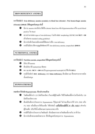 53
IRON DEFICIENCY ANEMIA
การวินิจฉัยวา Iron deficiency anemia secondary to blood loss (chronic) : Post hemorrhagic anemia
(Chronic) (D50.0) มีขอมูลสนับสนุน ดังนี้
มีภาวะ anemia และมีประวัติเปน chronic blood loss เชน Hypermenorrhea หรือ occult blood
positive ใน Stool
ตรวจรางกายพบ signs of iron deficiency รวมกับ RBC morphology (HCMC) ผล MCV < 80
(อางอิงตาม standard coding guideline)
มีการบันทึกโดยลายมือแพทยที่ชัดเจนวาเปน iron deficiency
กรณีไมมีประวัติการสูญเสียชัดเจนให Iron deficiency anemia, unspecified (D50.9)
NUTRITIONAL ANEMIA
การวินิจฉัยวา Nutrition anemia, unspecified มีขอมูลสนับสนุนดังนี้
มีประวัติ anemia
ตองมีประวัติ malnutrition ชัดเจน
ผล lab พบ MCV > 100 และมี hypersegmented neutrophil จะไดรหัส D53.1
กรณีวินิจฉัยวา B12 deficientcy และ folate deficientcy ตองมีผล lab ที่ขาดสารอาหารชนิด
นั้นสนับสนุน
HYPONATREMIA
เกณฑการวินิจฉัย Hyponatremia ตองประกอบดวย
โซเดียมที่ต่ํากวา 135 มิลลิโมล/ลิตร (ในกรณีผูปวยเด็ก ใหมีโซเดียมที่ต่ํากวาหรือเทากับ 130
มิลลิโมล/ลิตร) และ
ตองมีบันทึกการรักษาภาวะ Hyponatremia ใหทุกกรณี ไมวาจะเปนการให 0.9% NSS หรือ
3% NSS หรือเปนการใหกินเกลือ ใหจํากัดน้ํา แตไมใหกรณีที่ให IV เปน NSS/2 (สําหรับ
ผูปวยเด็ก ปรับใหน้ําเกลือตามความเหมาะสม) หรือ
กรณีที่ไมมีการรักษาภาวะโซเดียมต่ํา ตองมีผลการตรวจโซเดียมซ้ําภายใน 24 ชั่วโมง
มีการบันทึกของแพทย/พยาบาล เปนขอมูลสนับสนุนภาวะ Hyponatremia
 
