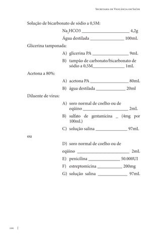 100
Secretaria de Vigilância em Saúde
Solução de bicarbonato de sódio a 0,5M:
Na2
HCO3 _____________________ 4,2g
Água destilada _______________ 100mL
Glicerina tamponada:
A) glicerina PA ________________ 9mL
B) tampão de carbonato/bicarbonato de
sódio a 0,5M______________ 1mL
Acetona a 80%:
A) acetona PA _________________ 80mL
B) água destilada _____________ 20ml
Diluente de vírus:
A) soro normal de coelho ou de
eqüino ____________________ 2mL
B) sulfato de gentamicina _ (4mg por
100mL)
C) solução salina ______________ 97mL
ou
D) soro normal de coelho ou de
eqüino _______________________ 2mL
E) penicilina ______________ 50.000UI
F) estreptomicina ___________ 200mg
G) solução salina _____________ 97mL
 