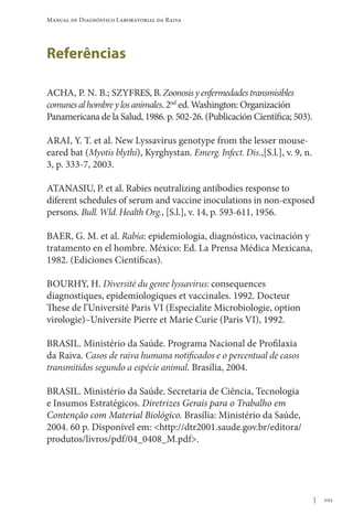 101
Manual de Diagnóstico Laboratorial da Raiva
Referências
ACHA, P. N. B.; SZYFRES, B. Zoonosisyenfermedadestransmisibles
comunesalhombreylosanimales. 2nd
ed. Washington: Organización
Panamericana de la Salud, 1986. p. 502-26. (Publicación Científica; 503).
ARAI, Y. T. et al. New Lyssavirus genotype from the lesser mouse-
eared bat (Myotis blythi), Kyrghystan. Emerg. Infect. Dis.,[S.l.], v. 9, n.
3, p. 333-7, 2003.
ATANASIU, P. et al. Rabies neutralizing antibodies response to
diferent schedules of serum and vaccine inoculations in non-exposed
persons. Bull.Wld.Health Org., [S.l.], v. 14, p. 593-611, 1956.
BAER, G. M. et al. Rabia: epidemiologia, diagnóstico, vacinación y
tratamento en el hombre. México: Ed. La Prensa Médica Mexicana,
1982. (Ediciones Científicas).
BOURHY, H. Diversité du genre lyssavirus: consequences
diagnostiques, epidemiologiques et vaccinales. 1992. Docteur
These de l’Université Paris VI (Especialite Microbiologie, option
virologie)–Universite Pierre et Marie Curie (Paris VI), 1992.
BRASIL. Ministério da Saúde. Programa Nacional de Profilaxia
da Raiva. Casos de raiva humana notificados e o percentual de casos
transmitidos segundo a espécie animal. Brasília, 2004.
BRASIL. Ministério da Saúde. Secretaria de Ciência, Tecnologia
e Insumos Estratégicos. Diretrizes Gerais para o Trabalho em
Contenção com Material Biológico. Brasília: Ministério da Saúde,
2004. 60 p. Disponível em: http://dtr2001.saude.gov.br/editora/
produtos/livros/pdf/04_0408_M.pdf.
 