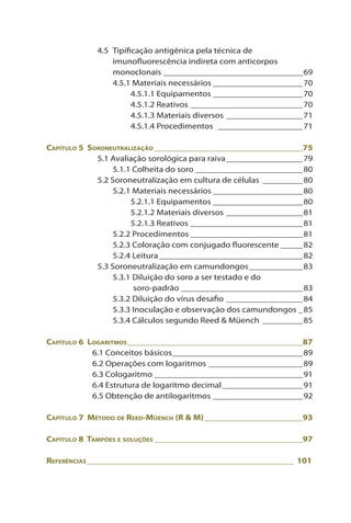 4.5 Tipificação antigênica pela técnica de
imunofluorescência indireta com anticorpos
monoclonais________________________________69
4.5.1 Materiais necessários_____________________70
4.5.1.1 Equipamentos_____________________70
4.5.1.2 Reativos__________________________70
4.5.1.3 Materiais diversos__________________71
4.5.1.4 Procedimentos_ ___________________71
Capítulo 5 Soroneutralização__________________________________75
5.1 Avaliação sorológica para raiva__________________79
5.1.1 Colheita do soro_________________________80
5.2 Soroneutralização em cultura de células_ _________80
5.2.1 Materiais necessários_____________________80
5.2.1.1 Equipamentos_____________________80
5.2.1.2 Materiais diversos__________________81
5.2.1.3 Reativos__________________________81
5.2.2 Procedimentos__________________________81
5.2.3 Coloração com conjugado fluorescente______82
5.2.4 Leitura_________________________________82
5.3 Soroneutralização em camundongos_____________83
5.3.1 Diluição do soro a ser testado e do
soro-padrão____________________________83
5.3.2 Diluição do vírus desafio__________________84
5.3.3 Inoculação e observação dos camundongos__85
5.3.4 Cálculos segundo Reed & Müench__________85
Capítulo 6 Logaritmos________________________________________87
6.1 Conceitos básicos______________________________89
6.2 Operações com logaritmos______________________89
6.3 Cologaritmo__________________________________91
6.4 Estrutura de logaritmo decimal___________________91
6.5 Obtenção de antilogaritmos_____________________92
Capítulo 7 Método de Reed-Müench (R & M)_______________________93
Capítulo 8 Tampões e soluções__________________________________97
Referências______________________________________________ 101
 