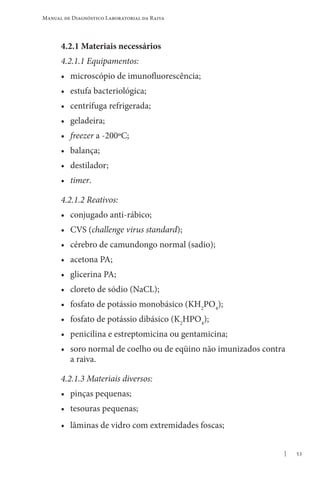 53
Manual de Diagnóstico Laboratorial da Raiva
4.2.1 Materiais necessários
4.2.1.1 Equipamentos:
• microscópio de imunofluorescência;
• estufa bacteriológica;
• centrífuga refrigerada;
• geladeira;
• freezer a -200ºC;
• balança;
• destilador;
• timer.
4.2.1.2 Reativos:
• conjugado anti-rábico;
• CVS (challenge virus standard);
• cérebro de camundongo normal (sadio);
• acetona PA;
• glicerina PA;
• cloreto de sódio (NaCL);
• fosfato de potássio monobásico (KH2
PO4
);
• fosfato de potássio dibásico (K2
HPO4
);
• penicilina e estreptomicina ou gentamicina;
• soro normal de coelho ou de eqüino não imunizados contra
a raiva.
4.2.1.3 Materiais diversos:
• pinças pequenas;
• tesouras pequenas;
• lâminas de vidro com extremidades foscas;
 