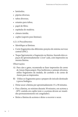 54
Secretaria de Vigilância em Saúde
• lamínulas;
• pipetas diversas;
• tubos diversos;
• estantes para tubos;
• papel de filtro;
• espátulas de madeira;
• câmara úmida;
• coplin (suporte para lâminas).
4.2.1.4 Procedimentos:
• Identifique as lâminas.
• Corte fragmentos das diferentes porções do sistema nervoso
central (SNC).
• Toque ligeiramente o fragmento na lâmina, fazendo dois es-
paços de aproximadamente 1,5cm2
cada, com impressões na
mesma lâmina.
Observações:
A) Para cães e gatos, recomenda-se fazer impressões do corno
de Amon (hipocampo). Para herbívoros e animais silvestres,
utilize fragmentos da medula, do cerebelo e do corno de
Amon para as impressões.
B) Utilize os fragmentos para o preparo do inóculo destinado
à prova biológica.
• Deixe secar a lâmina por aproximadamente 15 a 30 minutos.
• Fixe a lâmina, no mínimo durante 30 minutos, em acetona a
-20°C contida em coplin (este e a acetona devem ser manti-
dos permanentemente em congelador).
• Retire a lâmina da acetona e deixe-a escorrer e secar.
 