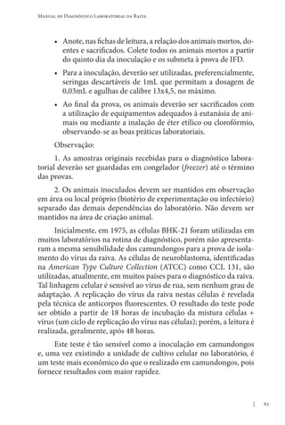 63
Manual de Diagnóstico Laboratorial da Raiva
• Anote, nas fichas de leitura, a relação dos animais mortos, do-
entes e sacrificados. Colete todos os animais mortos a partir
do quinto dia da inoculação e os submeta à prova de IFD.
• Para a inoculação, deverão ser utilizadas, preferencialmente,
seringas descartáveis de 1mL que permitam a dosagem de
0,03mL e agulhas de calibre 13x4,5, no máximo.
• Ao final da prova, os animais deverão ser sacrificados com
a utilização de equipamentos adequados à eutanásia de ani-
mais ou mediante a inalação de éter etílico ou clorofórmio,
observando-se as boas práticas laboratoriais.
Observação:
1. As amostras originais recebidas para o diagnóstico labora-
torial deverão ser guardadas em congelador (freezer) até o término
das provas.
2. Os animais inoculados devem ser mantidos em observação
em área ou local próprio (biotério de experimentação ou infectório)
separado das demais dependências do laboratório. Não devem ser
mantidos na área de criação animal.
Inicialmente, em 1975, as células BHK-21 foram utilizadas em
muitos laboratórios na rotina de diagnóstico, porém não apresenta-
ram a mesma sensibilidade dos camundongos para a prova de isola-
mento do vírus da raiva. As células de neuroblastoma, identificadas
na American Type Culture Collection (ATCC) como CCL 131, são
utilizadas, atualmente, em muitos países para o diagnóstico da raiva.
Tal linhagem celular é sensível ao vírus de rua, sem nenhum grau de
adaptação. A replicação do vírus da raiva nestas células é revelada
pela técnica de anticorpos fluorescentes. O resultado do teste pode
ser obtido a partir de 18 horas de incubação da mistura células +
vírus (um ciclo de replicação do vírus nas células); porém, a leitura é
realizada, geralmente, após 48 horas.
Este teste é tão sensível como a inoculação em camundongos
e, uma vez existindo a unidade de cultivo celular no laboratório, é
um teste mais econômico do que o realizado em camundongos, pois
fornece resultados com maior rapidez.
 