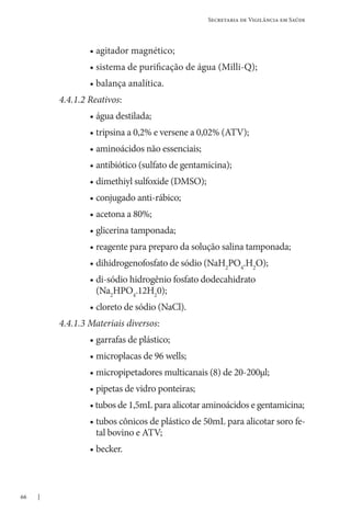 66
Secretaria de Vigilância em Saúde
• agitador magnético;
• sistema de purificação de água (Milli-Q);  
• balança analítica.
4.4.1.2 Reativos:
• água destilada;
• tripsina a 0,2% e versene a 0,02% (ATV);
• aminoácidos não essenciais;
• antibiótico (sulfato de gentamicina);
• dimethiyl sulfoxide (DMSO);
• conjugado anti-rábico;
• acetona a 80%;
• glicerina tamponada;
• reagente para preparo da solução salina tamponada;
• dihidrogenofosfato de sódio (NaH2
PO4
.H2
O);
• 
di-sódio hidrogênio fosfato dodecahidrato
(Na2
HPO4
.12H2
0);
• cloreto de sódio (NaCl).
4.4.1.3 Materiais diversos:
• garrafas de plástico;
• microplacas de 96 wells;
• micropipetadores multicanais (8) de 20-200µl;
• pipetas de vidro ponteiras;
• tubos de 1,5mL para alicotar aminoácidos e gentamicina;  
• 
tubos cônicos de plástico de 50mL para alicotar soro fe-
tal bovino e ATV;
• becker.
 