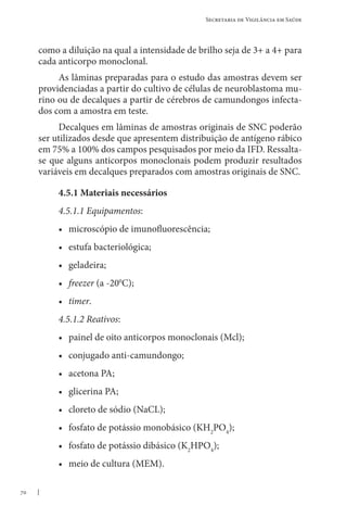 70
Secretaria de Vigilância em Saúde
como a diluição na qual a intensidade de brilho seja de 3+ a 4+ para
cada anticorpo monoclonal.
As lâminas preparadas para o estudo das amostras devem ser
providenciadas a partir do cultivo de células de neuroblastoma mu-
rino ou de decalques a partir de cérebros de camundongos infecta-
dos com a amostra em teste.
Decalques em lâminas de amostras originais de SNC poderão
ser utilizados desde que apresentem distribuição de antígeno rábico
em 75% a 100% dos campos pesquisados por meio da IFD. Ressalta-
se que alguns anticorpos monoclonais podem produzir resultados
variáveis em decalques preparados com amostras originais de SNC.
4.5.1 Materiais necessários
4.5.1.1 Equipamentos:
• microscópio de imunofluorescência;
• estufa bacteriológica;
• geladeira;
• freezer (a -200
C);
• timer.
4.5.1.2 Reativos:
• painel de oito anticorpos monoclonais (Mcl);
• conjugado anti-camundongo;
• acetona PA;
• glicerina PA;
• cloreto de sódio (NaCL);
• fosfato de potássio monobásico (KH2
PO4
);
• fosfato de potássio dibásico (K2
HPO4
);
• meio de cultura (MEM).
 