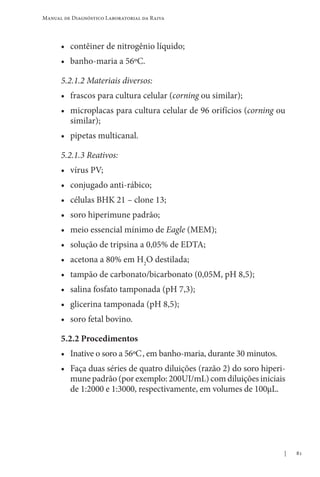 81
Manual de Diagnóstico Laboratorial da Raiva
• contêiner de nitrogênio líquido;
• banho-maria a 56ºC.
5.2.1.2 Materiais diversos:
• frascos para cultura celular (corning ou similar);
• microplacas para cultura celular de 96 orifícios (corning ou
similar);
• pipetas multicanal.
5.2.1.3 Reativos:
• vírus PV;
• conjugado anti-rábico;
• células BHK 21 – clone 13;
• soro hiperimune padrão;
• meio essencial mínimo de Eagle (MEM);
• solução de tripsina a 0,05% de EDTA;
• acetona a 80% em H2
O destilada;
• tampão de carbonato/bicarbonato (0,05M, pH 8,5);
• salina fosfato tamponada (pH 7,3);
• glicerina tamponada (pH 8,5);
• soro fetal bovino.
5.2.2 Procedimentos
• Inative o soro a 56ºC, em banho-maria, durante 30 minutos.
• Faça duas séries de quatro diluições (razão 2) do soro hiperi-
mune padrão (por exemplo: 200UI/mL) com diluições iniciais
de 1:2000 e 1:3000, respectivamente, em volumes de 100μL.
 