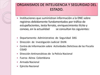 ORGANISMOS DE INTELIGENCIA Y SEGURIDAD DEL ESTADO.Instituciones que suministran información a la DNE sobre registros debidamente fundamentados por tráfico de estupefacientes, testa ferrato, enriquecimiento ilícito y conexo, en la actualidad  	se consultan los siguientes:Departamento  Administrativo  de  Seguridad  DASDirección  de  Investigación Judicial  DIJINCentro de Información sobre  Actividades Delictivas de las Fiscalía  CISADDirección Antinarcóticos de  la Policía NacionalFuerza  Aérea  ColombianaArmada NacionalEjército Nacional