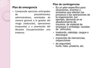 Plan de contingenciasEs un plan específico para situaciones, eventos o siniestros que afecten los procesos o las operaciones de la organización, por ejemplo, demoras en el abastecimiento de insumos, de material de empaque o embalaje; varadas de  vehículos;trasbordo, cabotaje, cargue o descargueimprevisto de mercancías; inspeccionesde seguridad; hurto, robo, piratería, etc.Plan de emergenciaComprende ejercicios anticipados de   procedimientos  administrativos, orientados de manera general a la gestión del riesgo (reducción), operaciones (respuesta) y a promoción del desastre (recuperación)en una empresa.