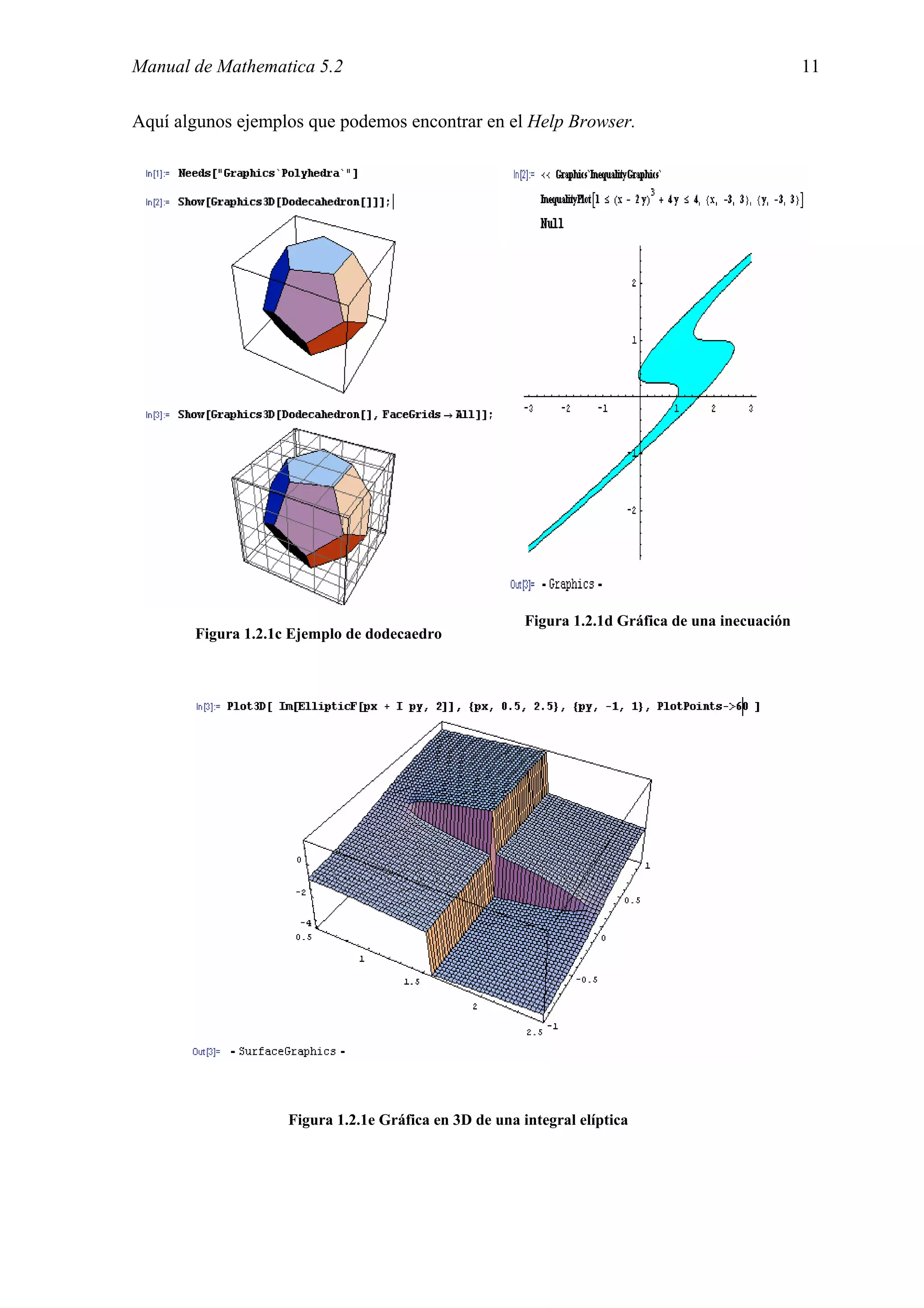 Manual de Mathematica 5.2                                                                         11

Aquí algunos ejemplos que podemos encontrar en el Help Browser.




                                                        Figura 1.2.1d Gráfica de una inecuación
       Figura 1.2.1c Ejemplo de dodecaedro




                    Figura 1.2.1e Gráfica en 3D de una integral elíptica
 