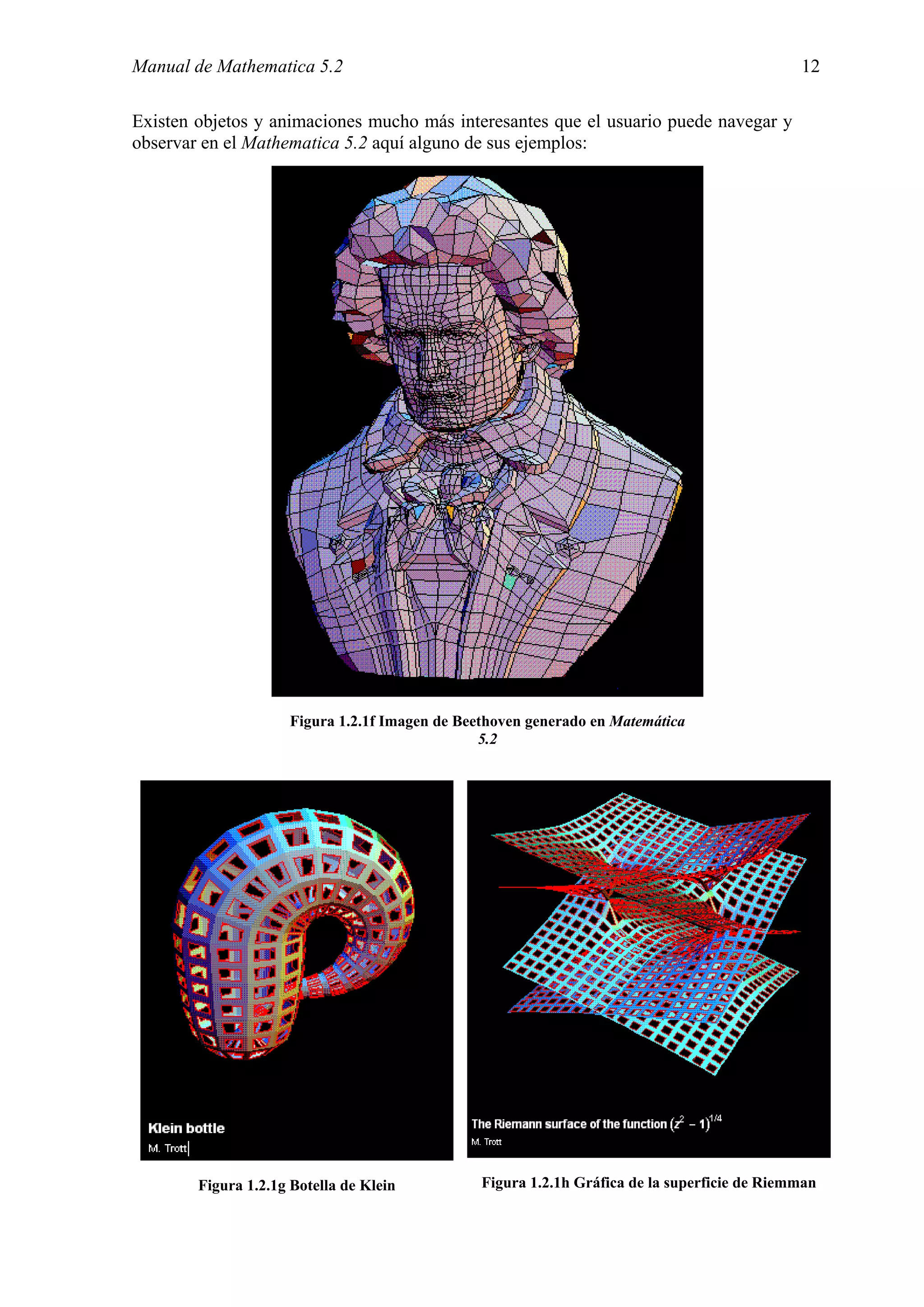 Manual de Mathematica 5.2                                                                     12

Existen objetos y animaciones mucho más interesantes que el usuario puede navegar y
observar en el Mathematica 5.2 aquí alguno de sus ejemplos:




                     Figura 1.2.1f Imagen de Beethoven generado en Matemática
                                                5.2




        Figura 1.2.1g Botella de Klein          Figura 1.2.1h Gráfica de la superficie de Riemman
 