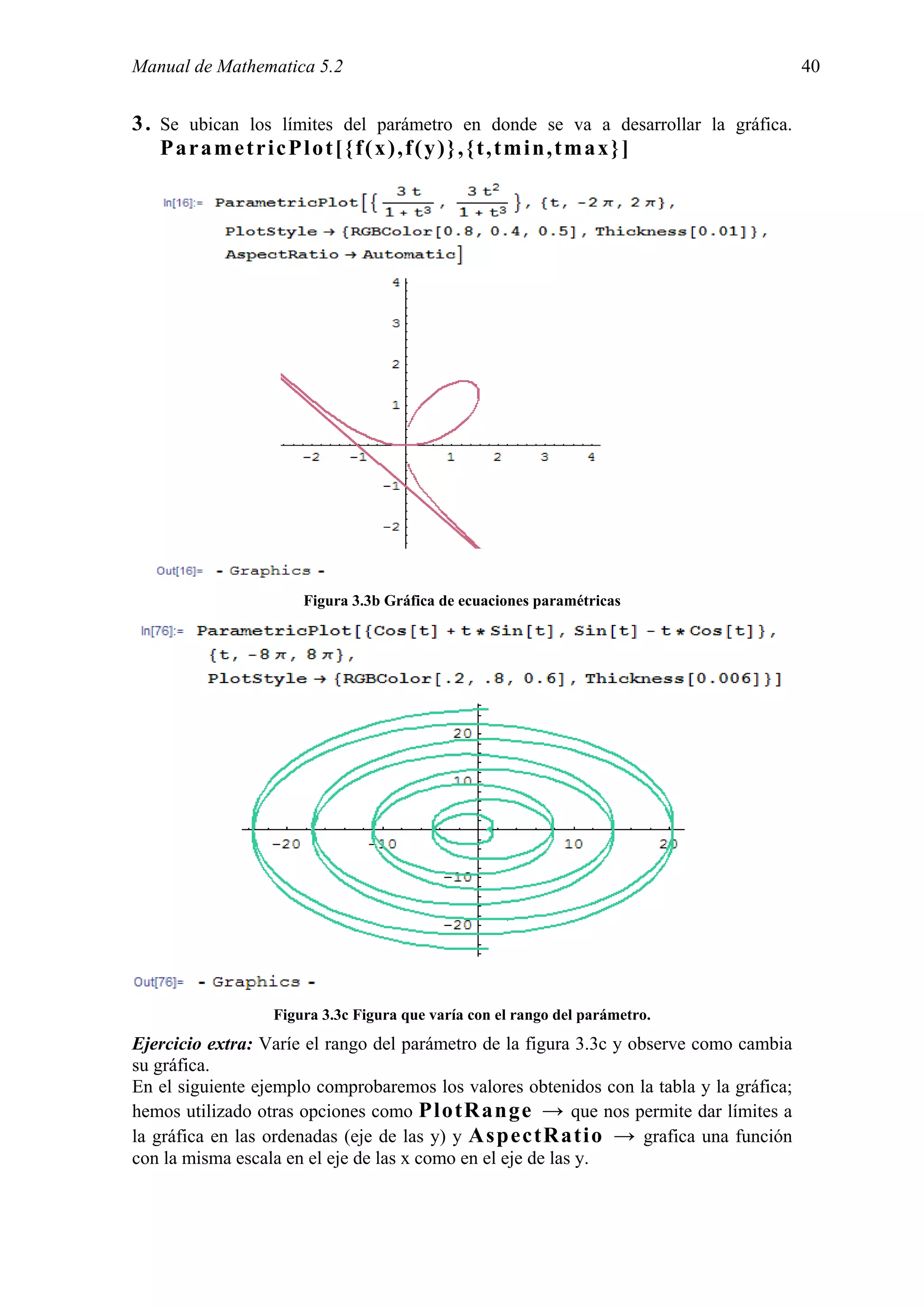 Manual de Mathematica 5.2                                                                40


3 . Se ubican los límites del parámetro en donde se va a desarrollar la gráfica.
    ParametricPlot[{f(x),f(y)},{t,tmin,tmax}]




                      Figura 3.3b Gráfica de ecuaciones paramétricas




                  Figura 3.3c Figura que varía con el rango del parámetro.
Ejercicio extra: Varíe el rango del parámetro de la figura 3.3c y observe como cambia
su gráfica.
En el siguiente ejemplo comprobaremos los valores obtenidos con la tabla y la gráfica;
hemos utilizado otras opciones como PlotRange → que nos permite dar límites a
la gráfica en las ordenadas (eje de las y) y AspectRatio → grafica una función
con la misma escala en el eje de las x como en el eje de las y.
 