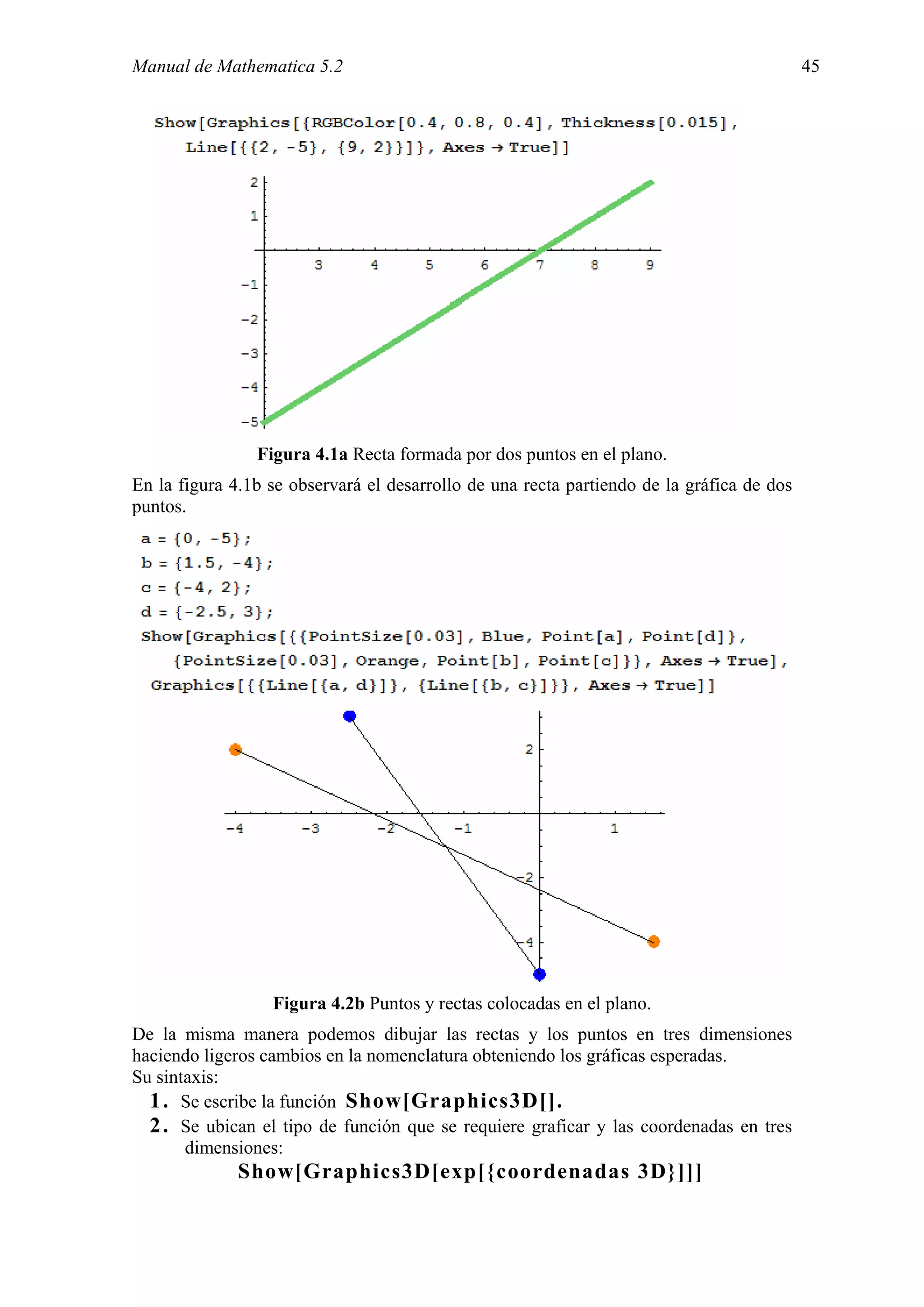 Manual de Mathematica 5.2                                                                  45




                Figura 4.1a Recta formada por dos puntos en el plano.
En la figura 4.1b se observará el desarrollo de una recta partiendo de la gráfica de dos
puntos.




                  Figura 4.2b Puntos y rectas colocadas en el plano.
De la misma manera podemos dibujar las rectas y los puntos en tres dimensiones
haciendo ligeros cambios en la nomenclatura obteniendo los gráficas esperadas.
Su sintaxis:
  1 . Se escribe la función Show[Graphics3D[].
  2 . Se ubican el tipo de función que se requiere graficar y las coordenadas en tres
       dimensiones:
              Show[Graphics3D[exp[{coordenadas 3D}]]]
 