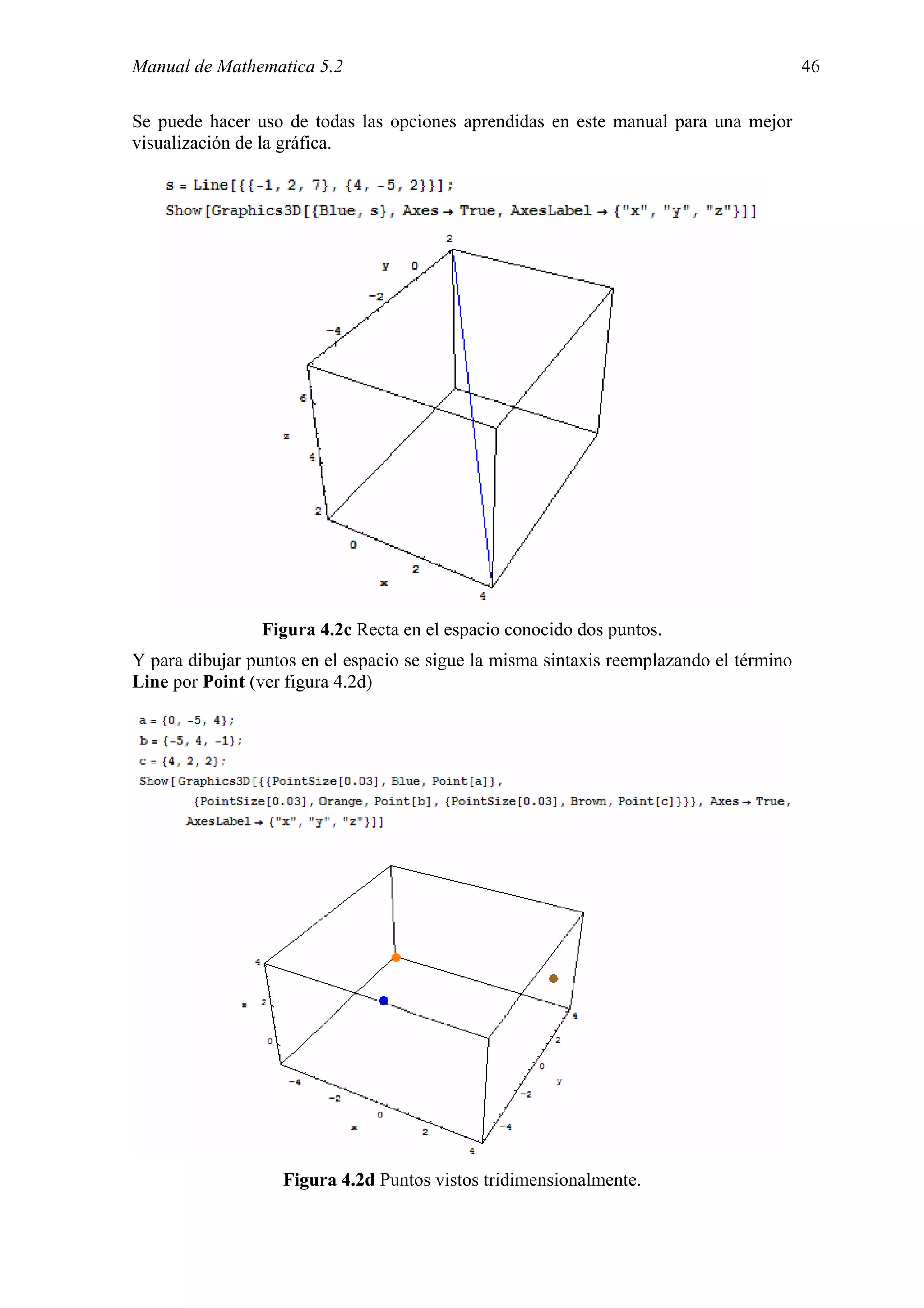 Manual de Mathematica 5.2                                                                46

Se puede hacer uso de todas las opciones aprendidas en este manual para una mejor
visualización de la gráfica.




                Figura 4.2c Recta en el espacio conocido dos puntos.
Y para dibujar puntos en el espacio se sigue la misma sintaxis reemplazando el término
Line por Point (ver figura 4.2d)




                   Figura 4.2d Puntos vistos tridimensionalmente.
 