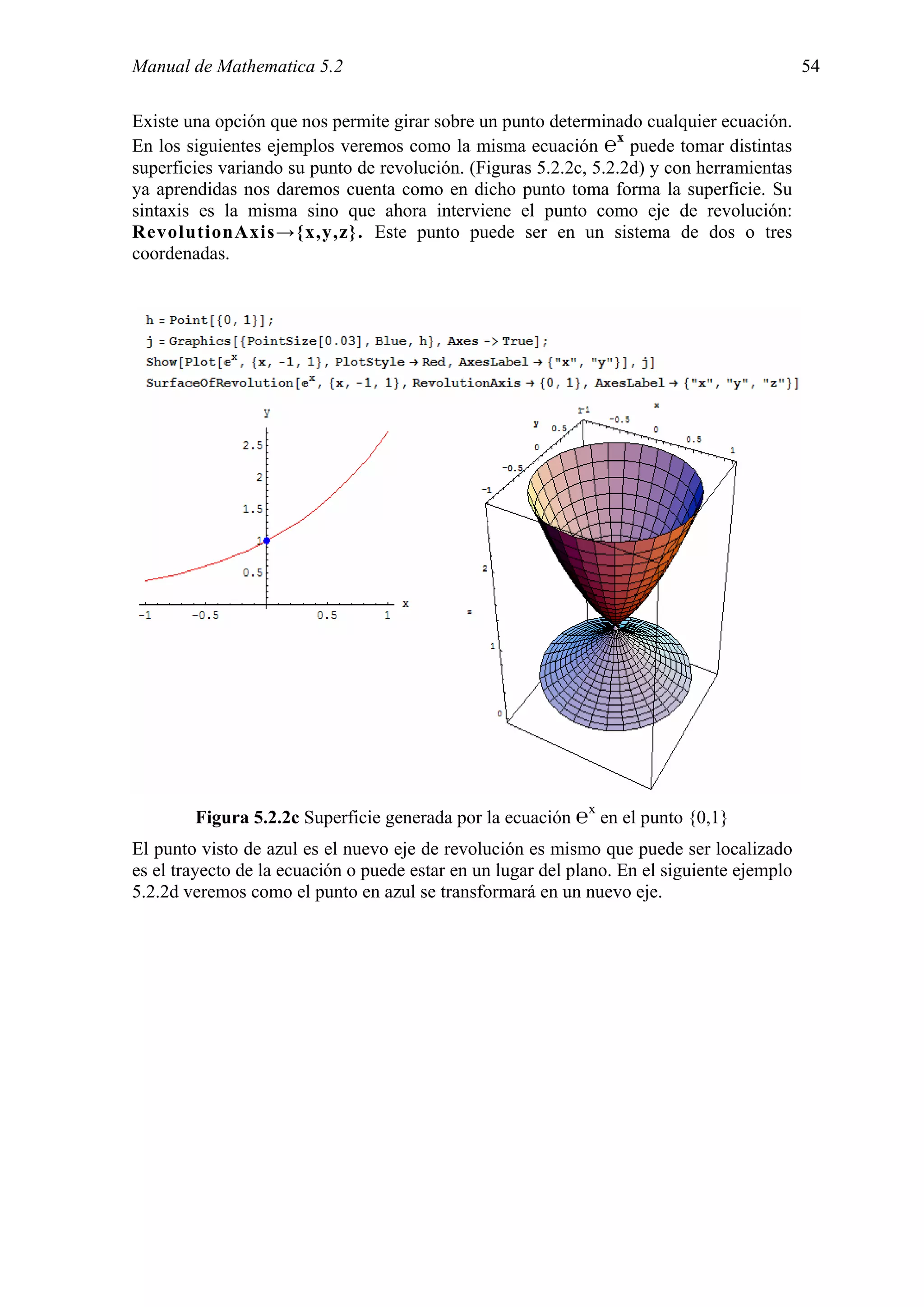 Manual de Mathematica 5.2                                                                    54

Existe una opción que nos permite girar sobre un punto determinado cualquier ecuación.
                                                                 x
En los siguientes ejemplos veremos como la misma ecuación ℮ puede tomar distintas
superficies variando su punto de revolución. (Figuras 5.2.2c, 5.2.2d) y con herramientas
ya aprendidas nos daremos cuenta como en dicho punto toma forma la superficie. Su
sintaxis es la misma sino que ahora interviene el punto como eje de revolución:
RevolutionAxis→{x,y,z}. Este punto puede ser en un sistema de dos o tres
coordenadas.




                                                              x
        Figura 5.2.2c Superficie generada por la ecuación ℮ en el punto {0,1}
El punto visto de azul es el nuevo eje de revolución es mismo que puede ser localizado
es el trayecto de la ecuación o puede estar en un lugar del plano. En el siguiente ejemplo
5.2.2d veremos como el punto en azul se transformará en un nuevo eje.
 